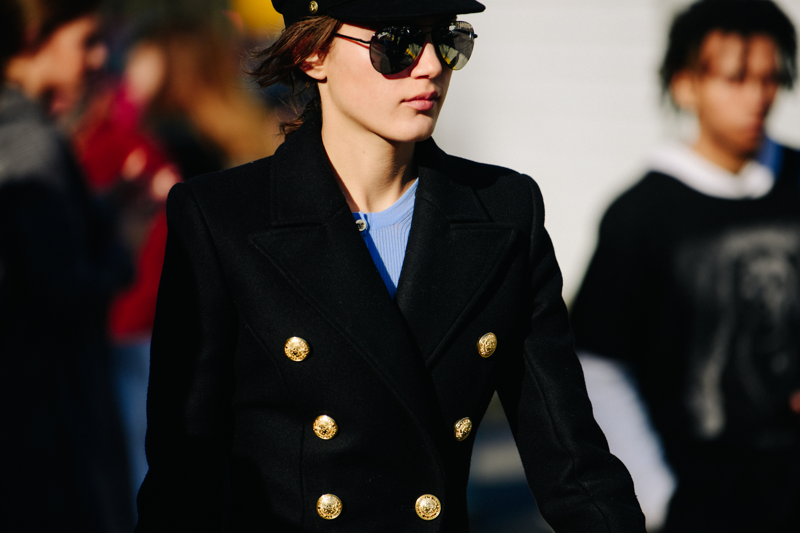 Russian model wearing black wool coat