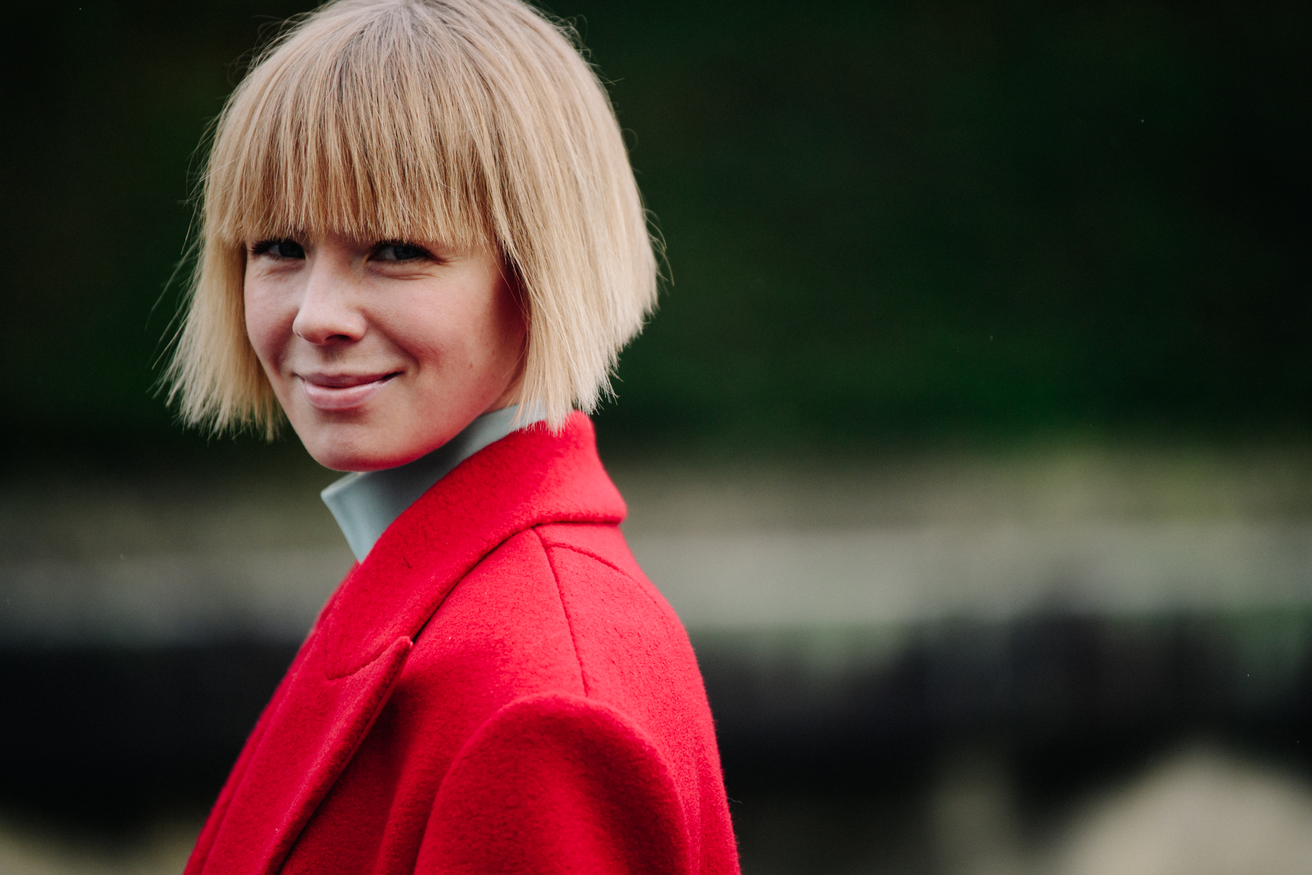 Woman wearing red wool coat