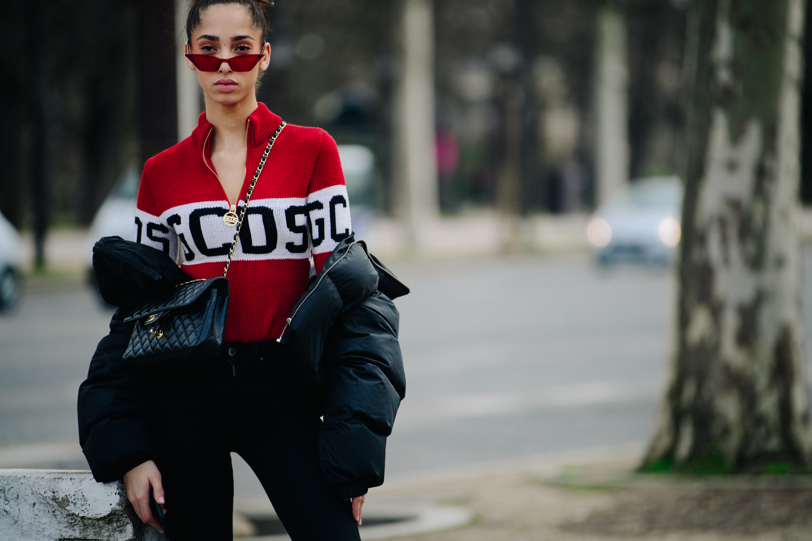 Dutch model wearing red wool knit