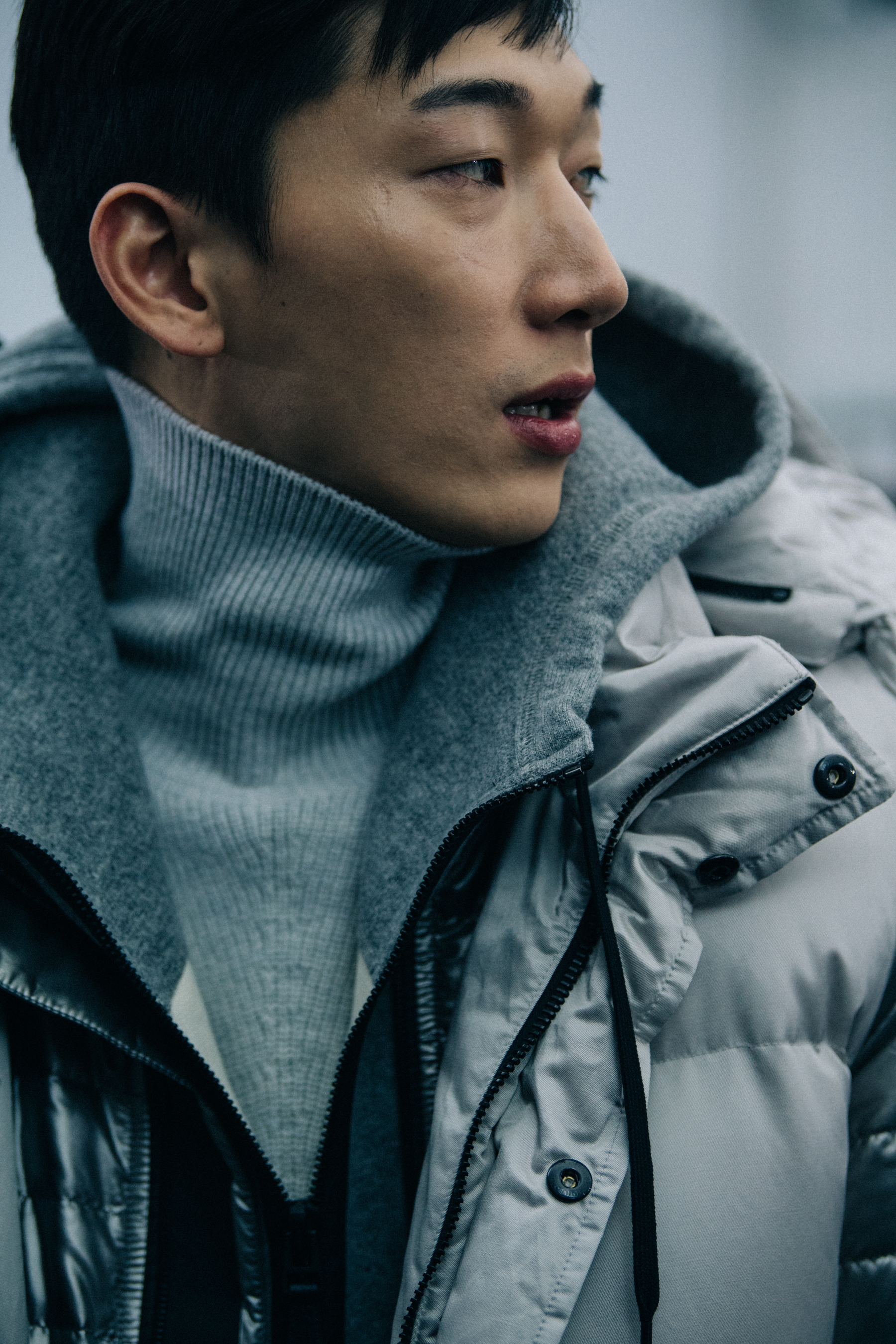 Model wearing silver winter outfit