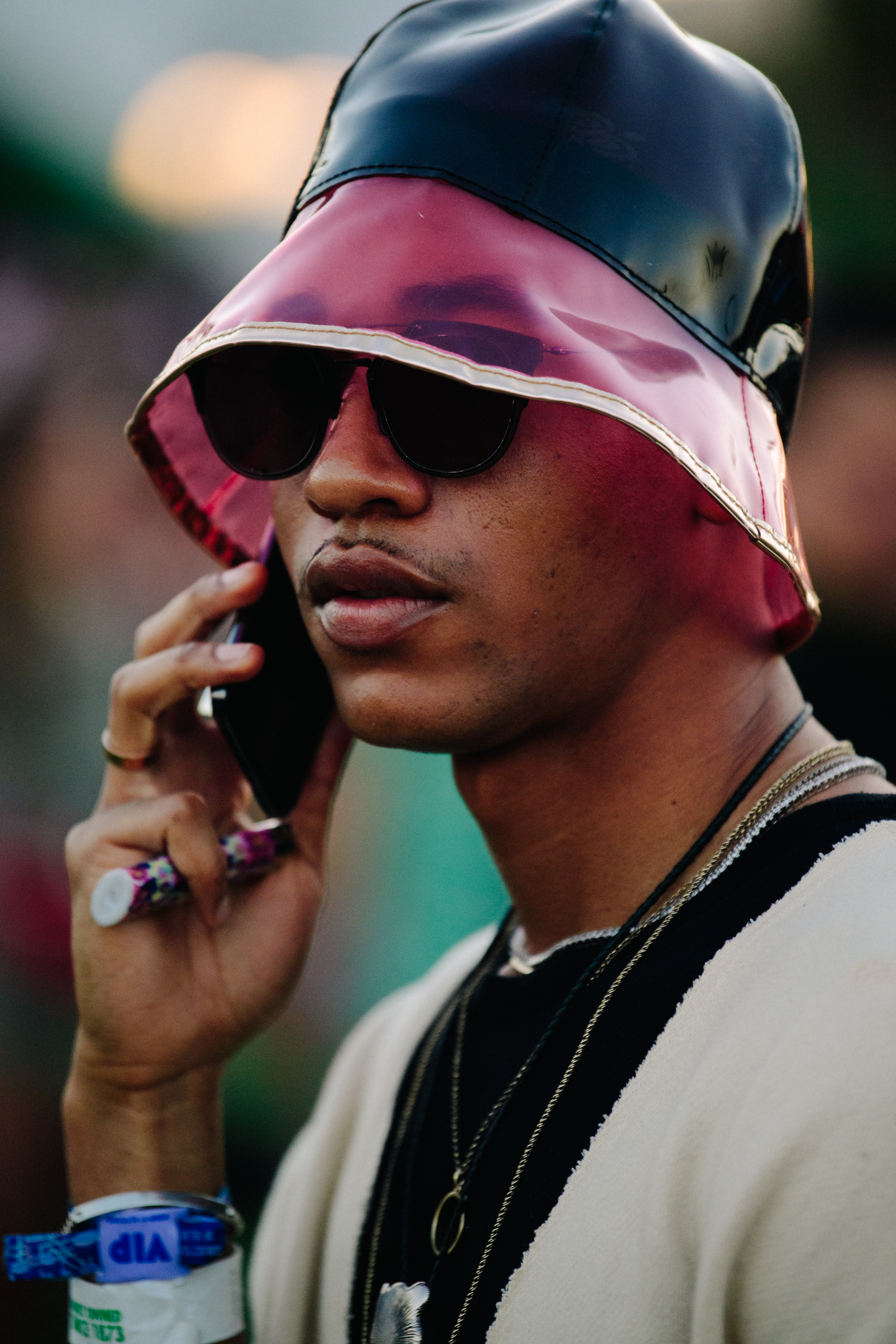 Man wearing plastic bucket hat