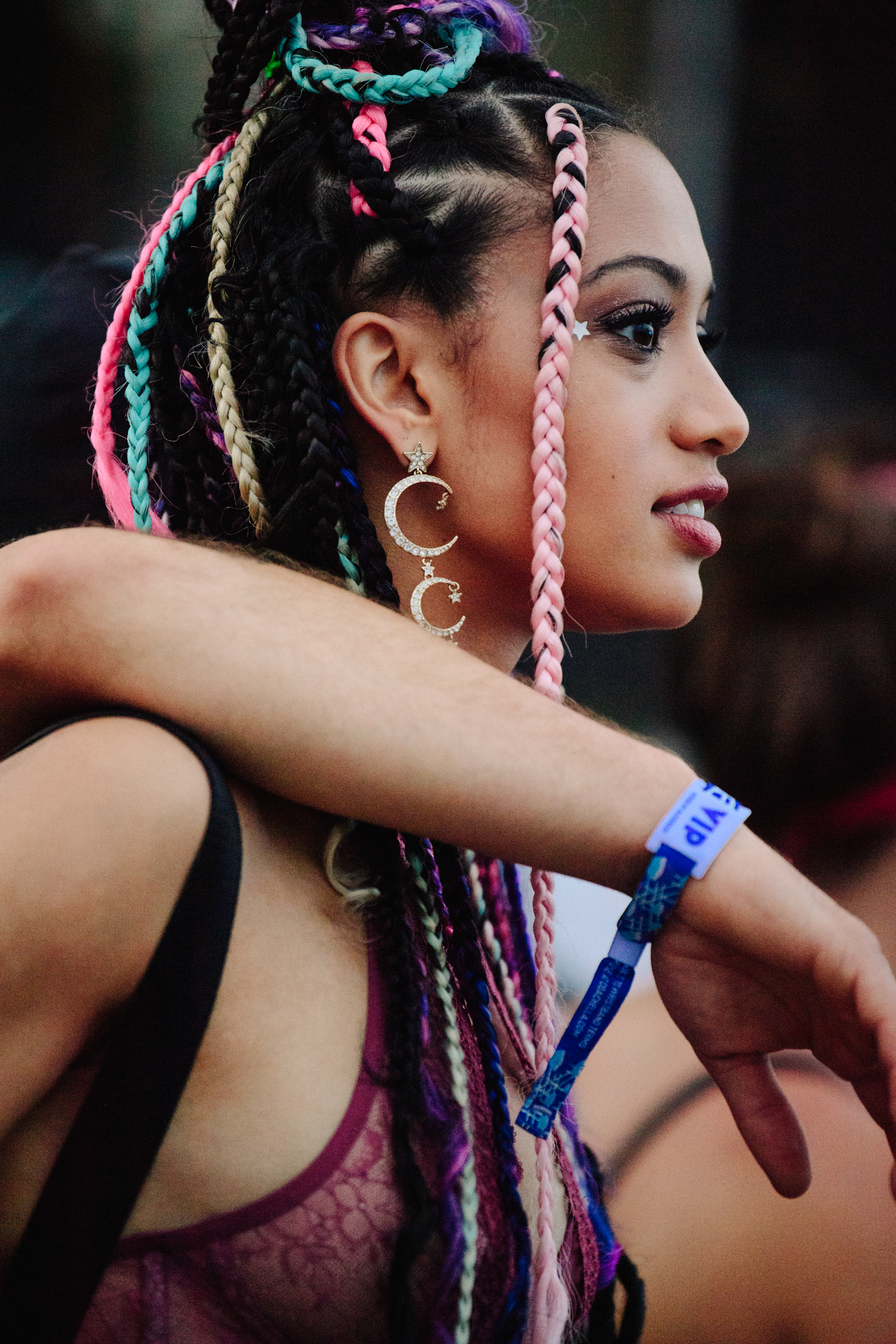 Woman with long pink braids