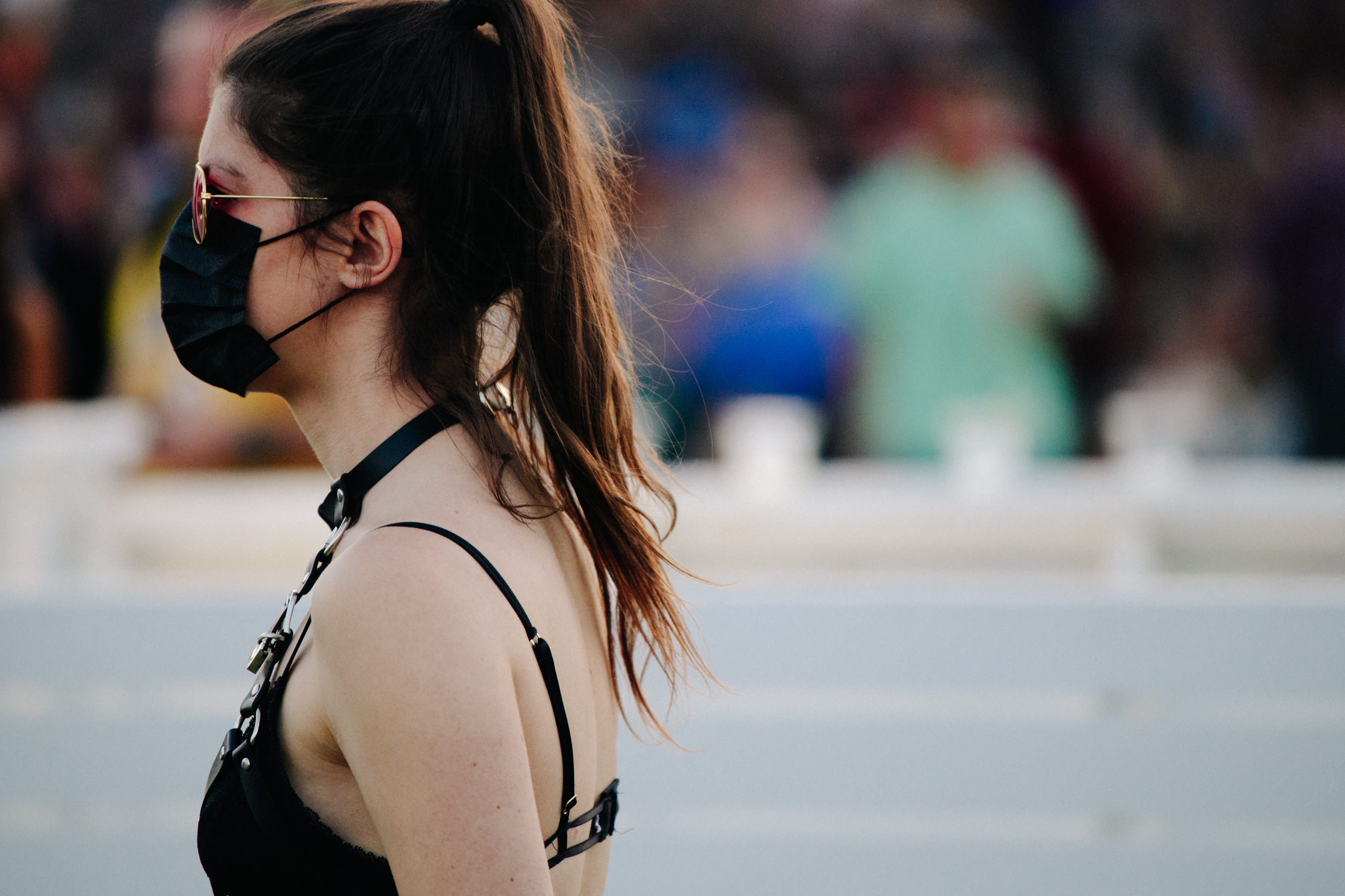 Woman wearing black and metal outfit