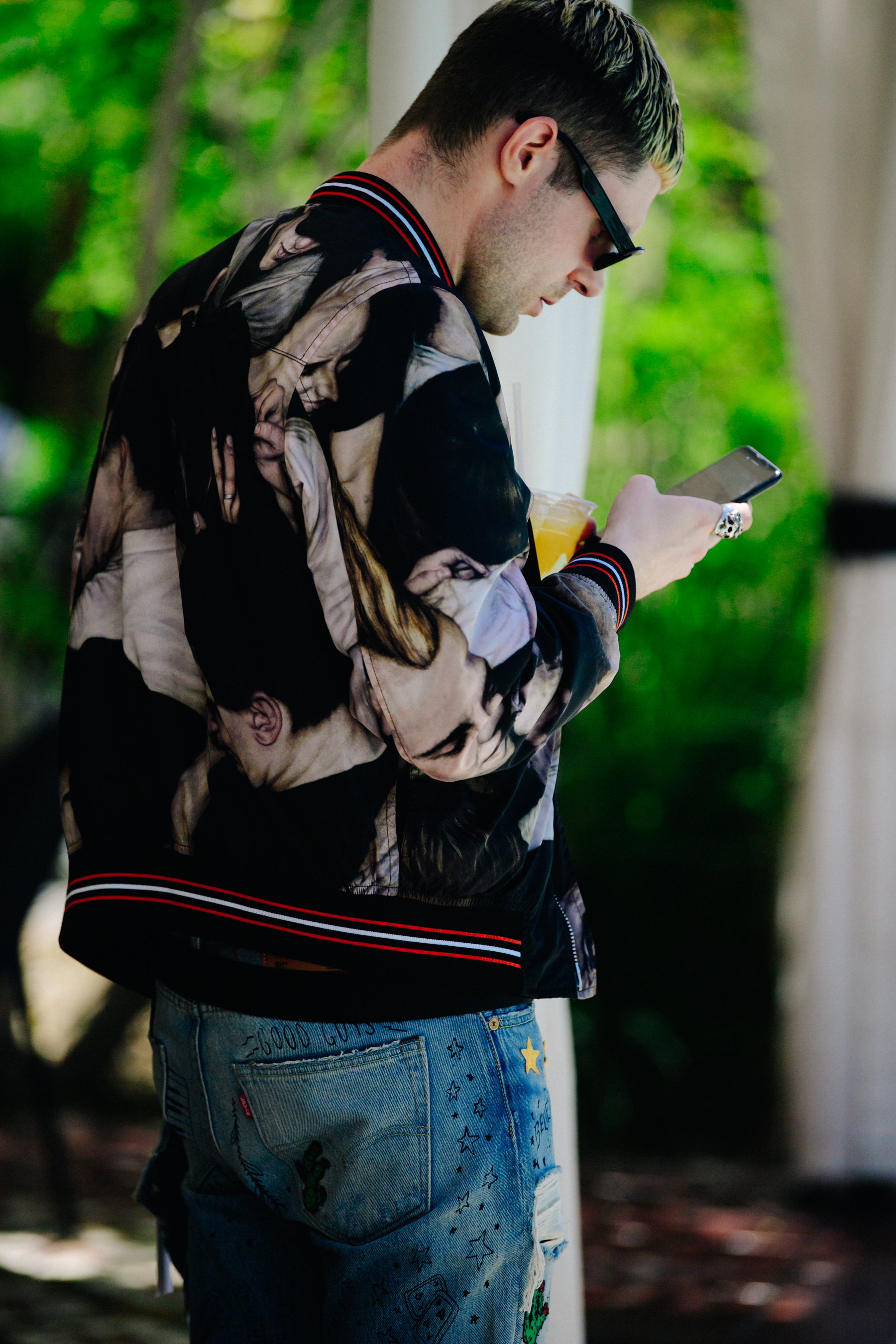 Man wearing printed jacket