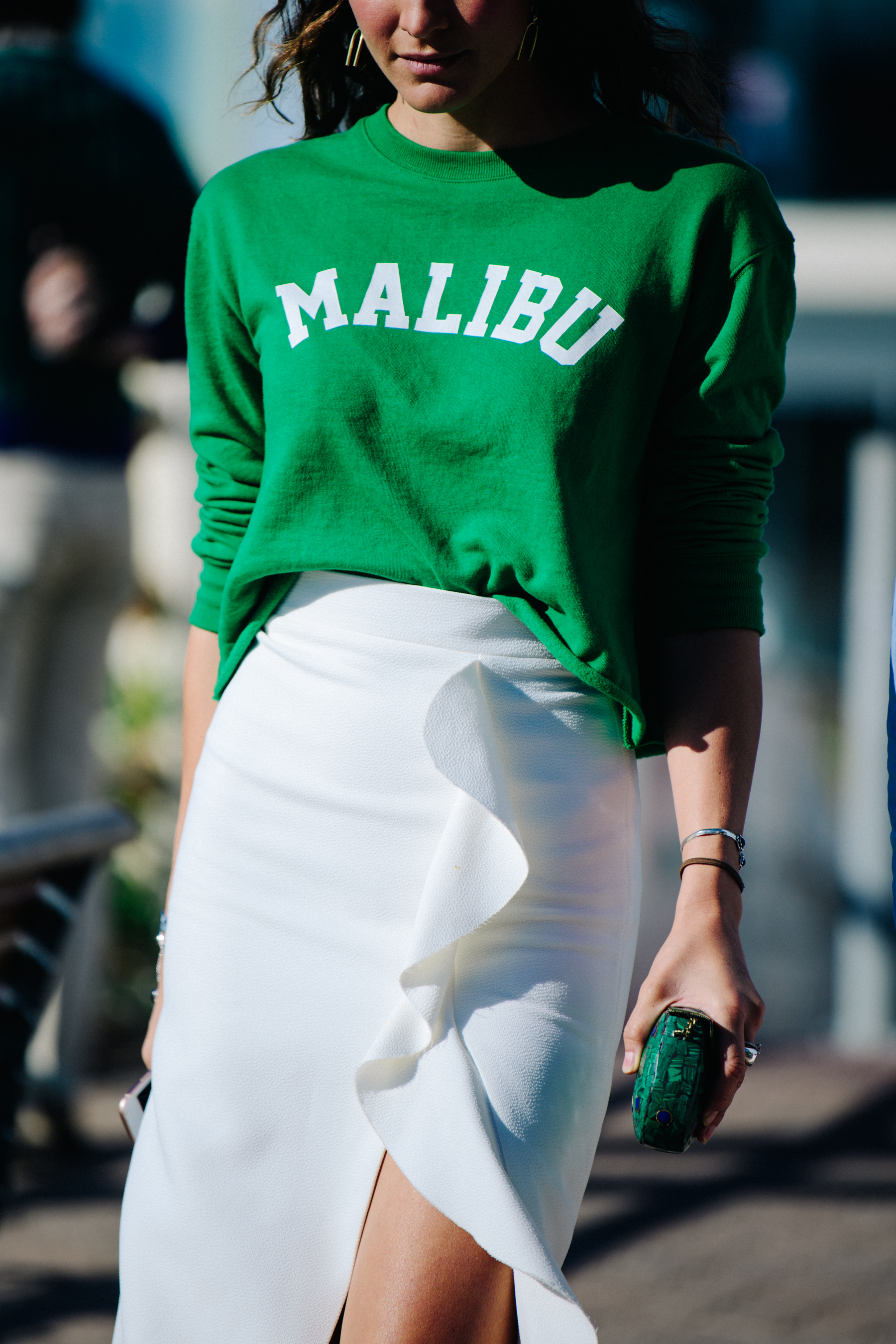 Woman wearing green tee shirt