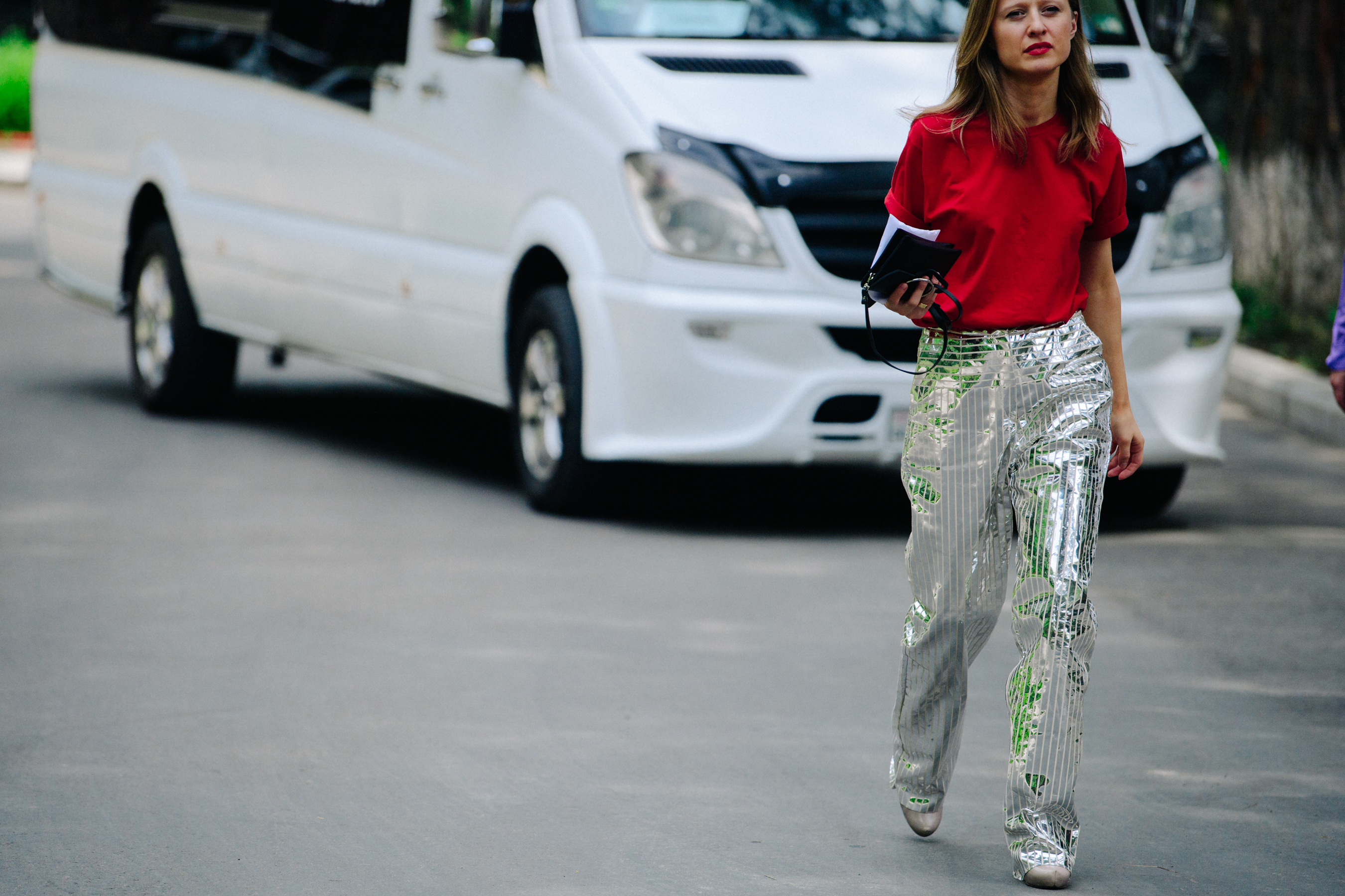 Woman wearing silver pants