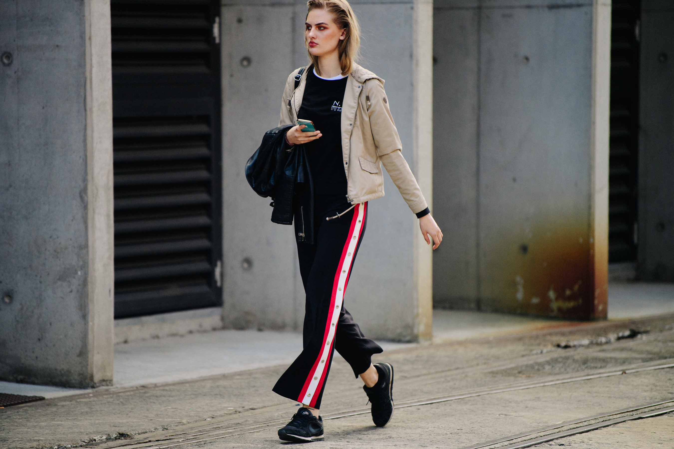 Model wearing striped pants