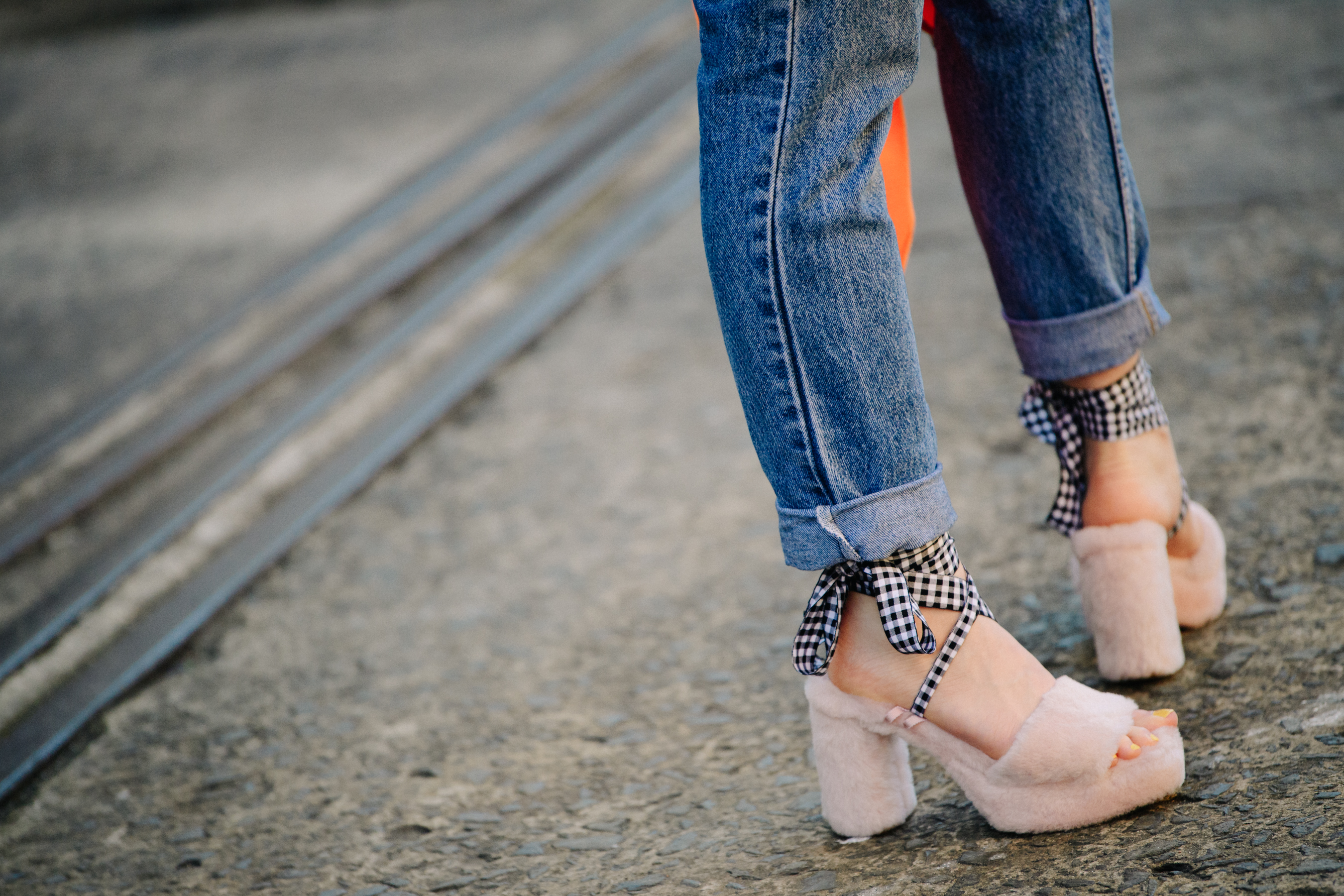 Woman wearing fluffy shoes