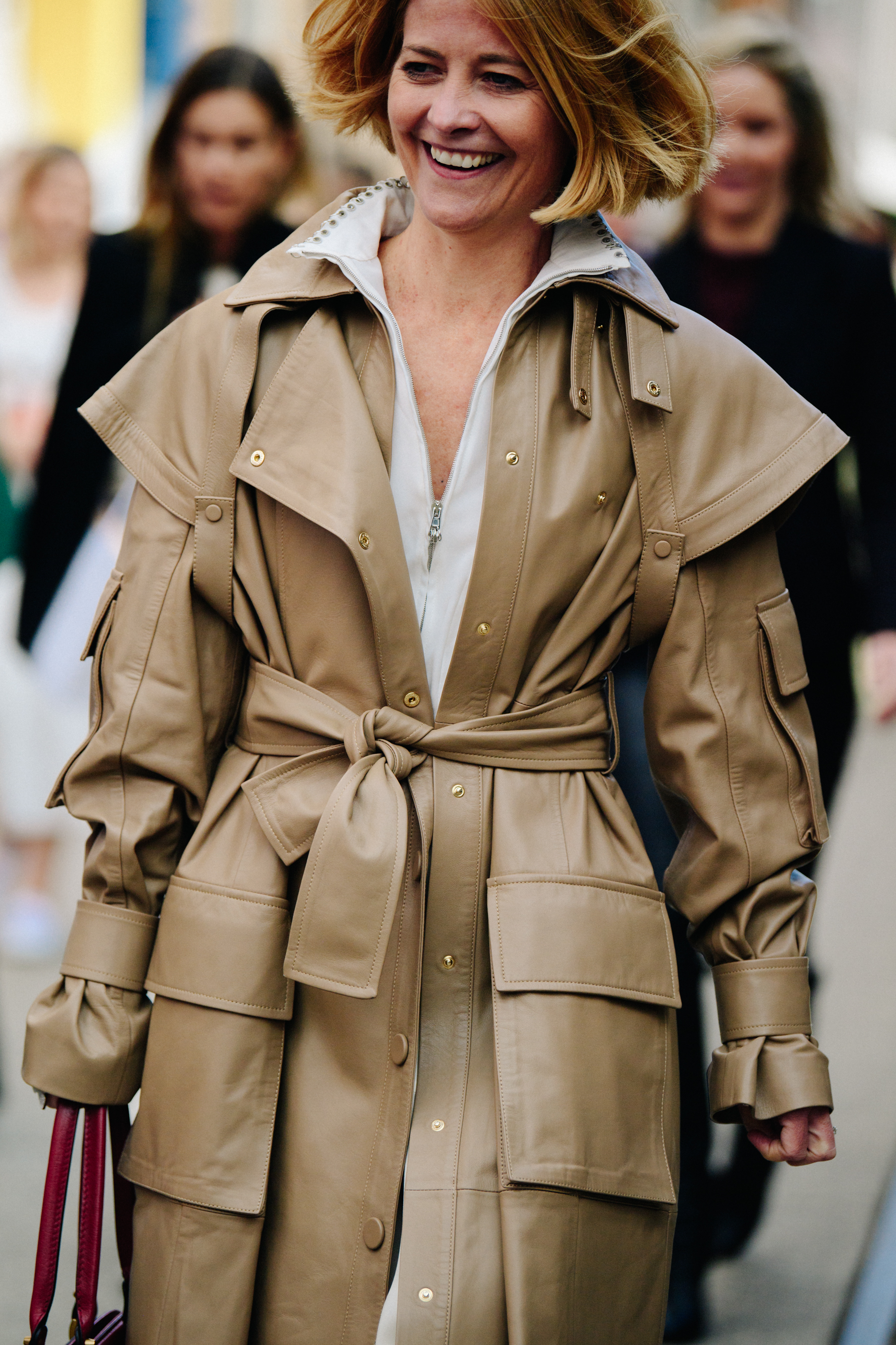 Woman wearing leather coat