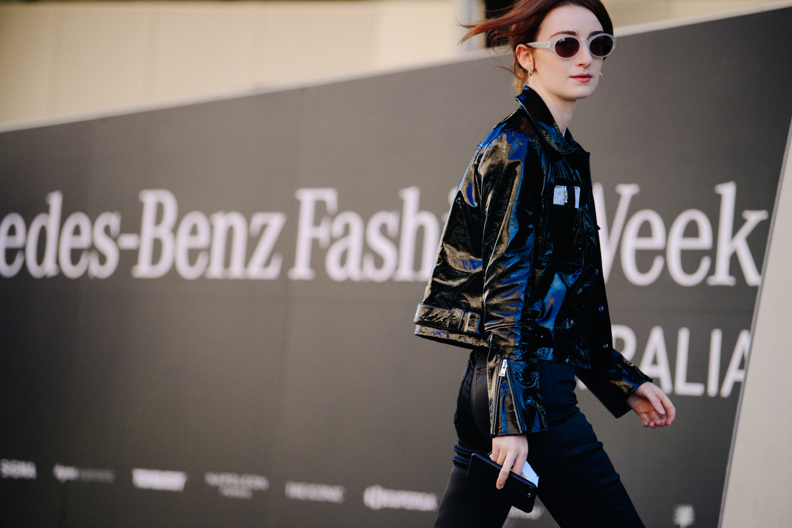 Woman wearing black leather jacket