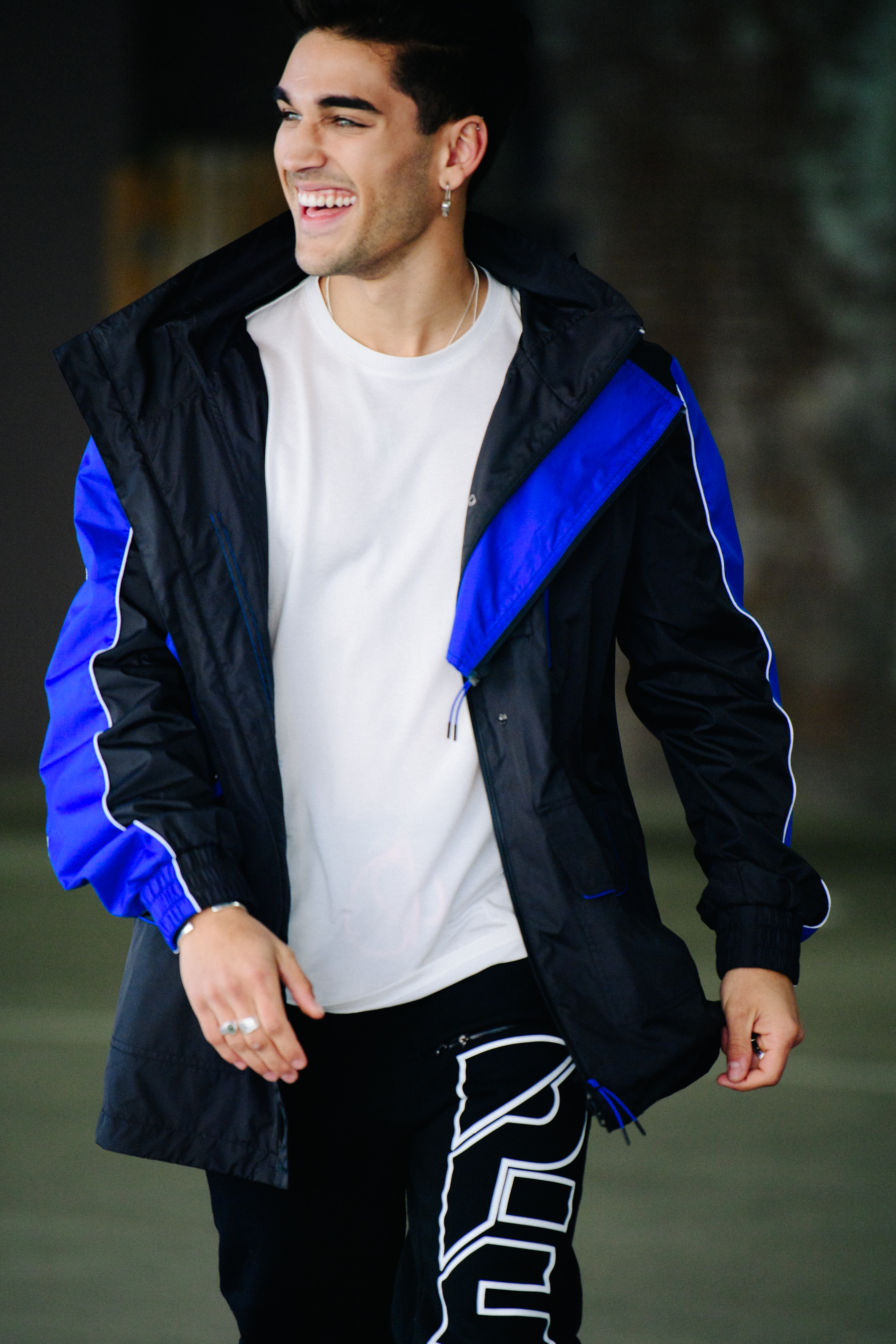 Model wearing blue ski coat
