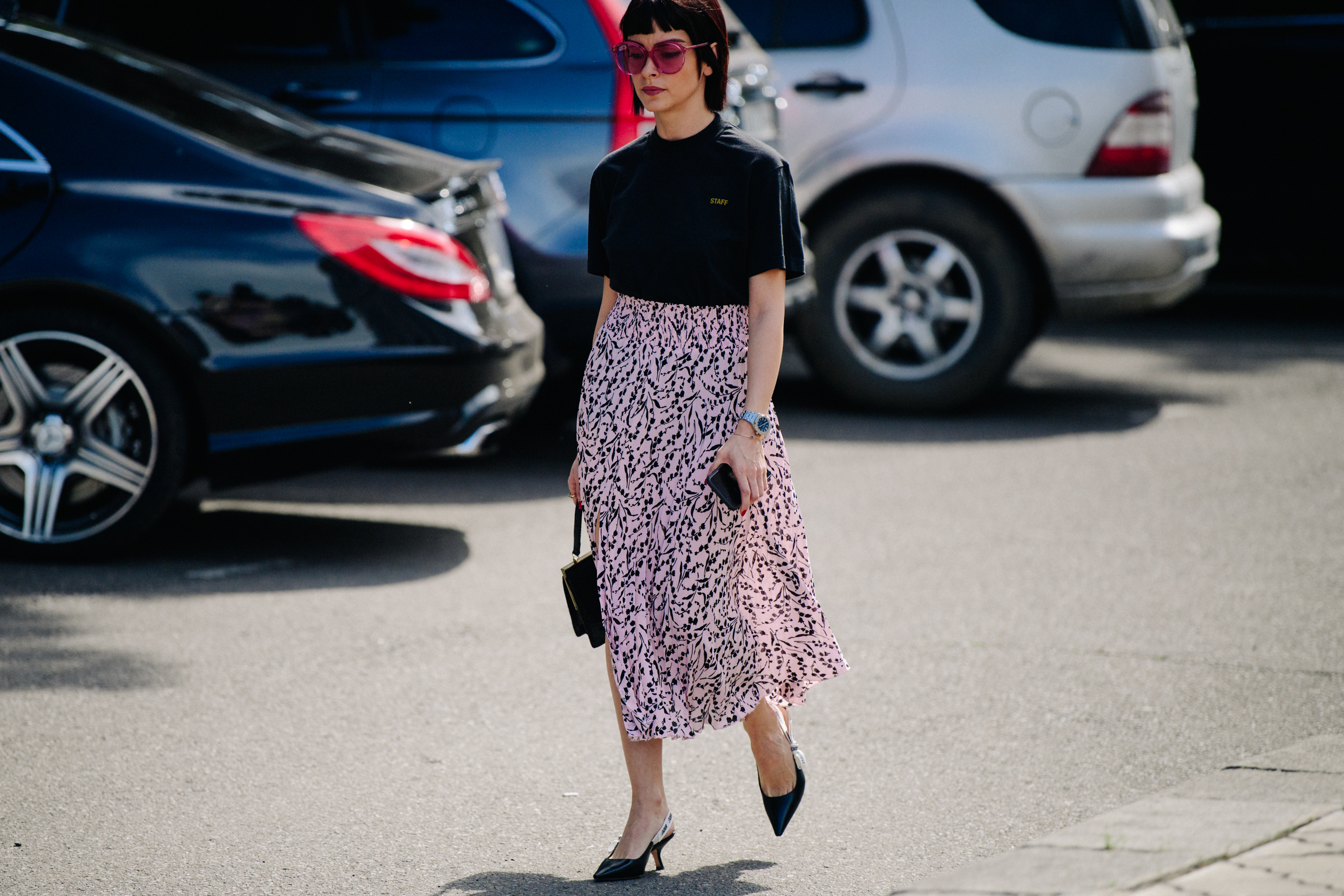 Woman wearing pink floral skirt