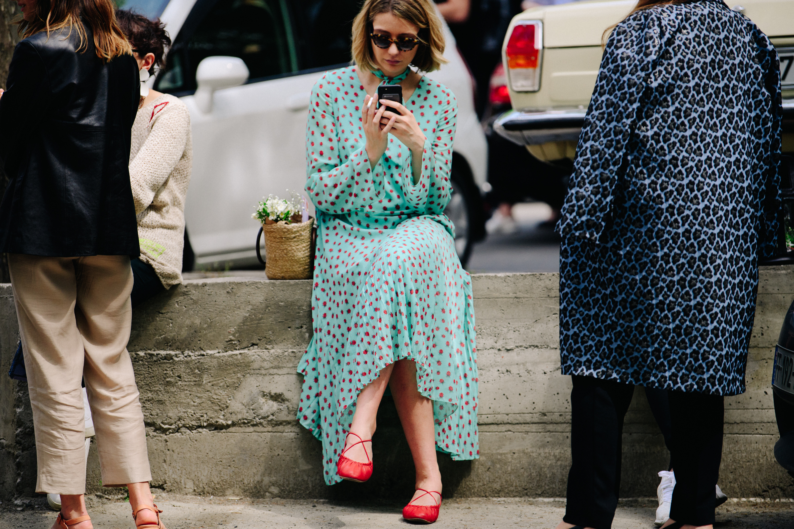 Woman wearing blue floral dress