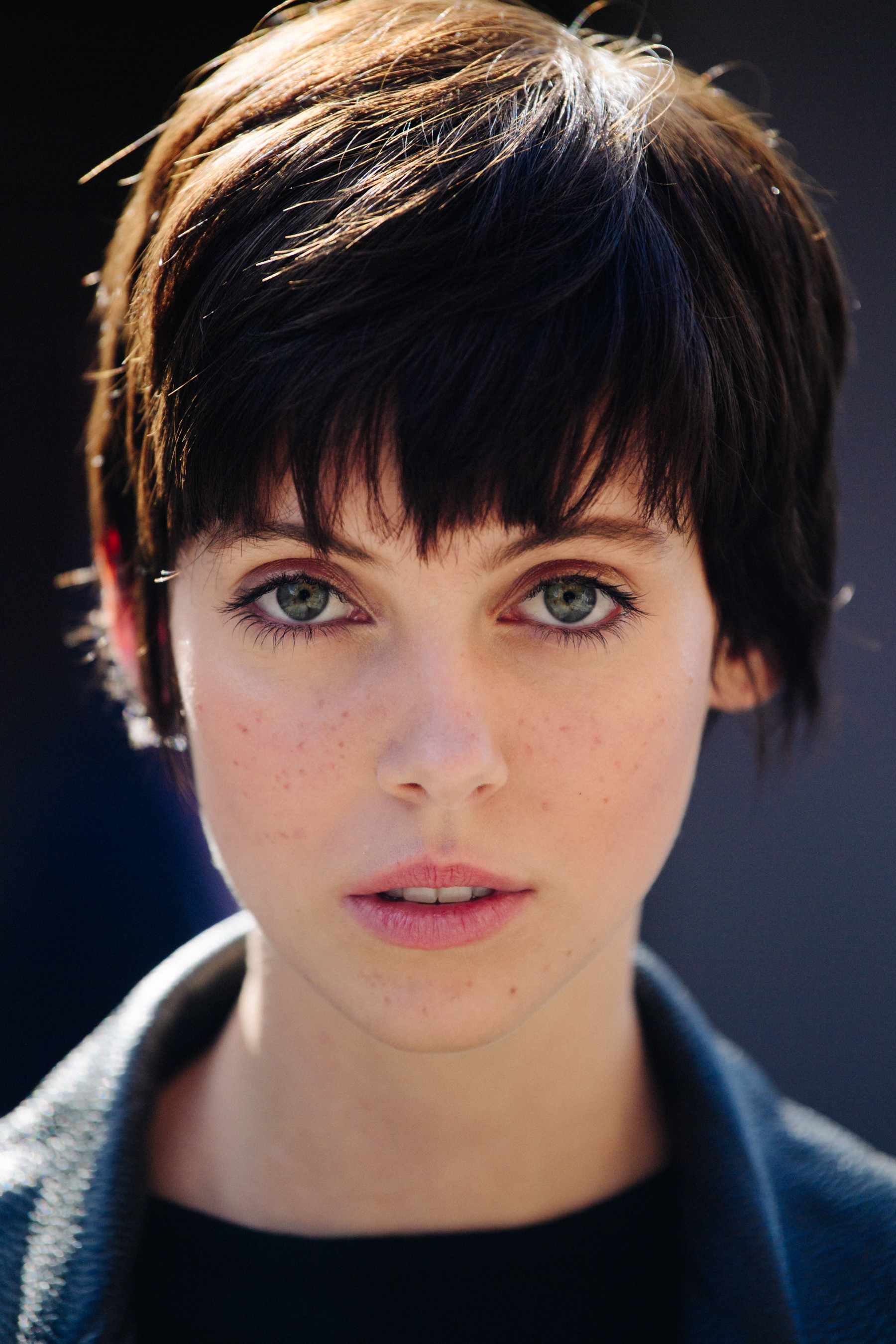 Portrait of model with short brown hair
