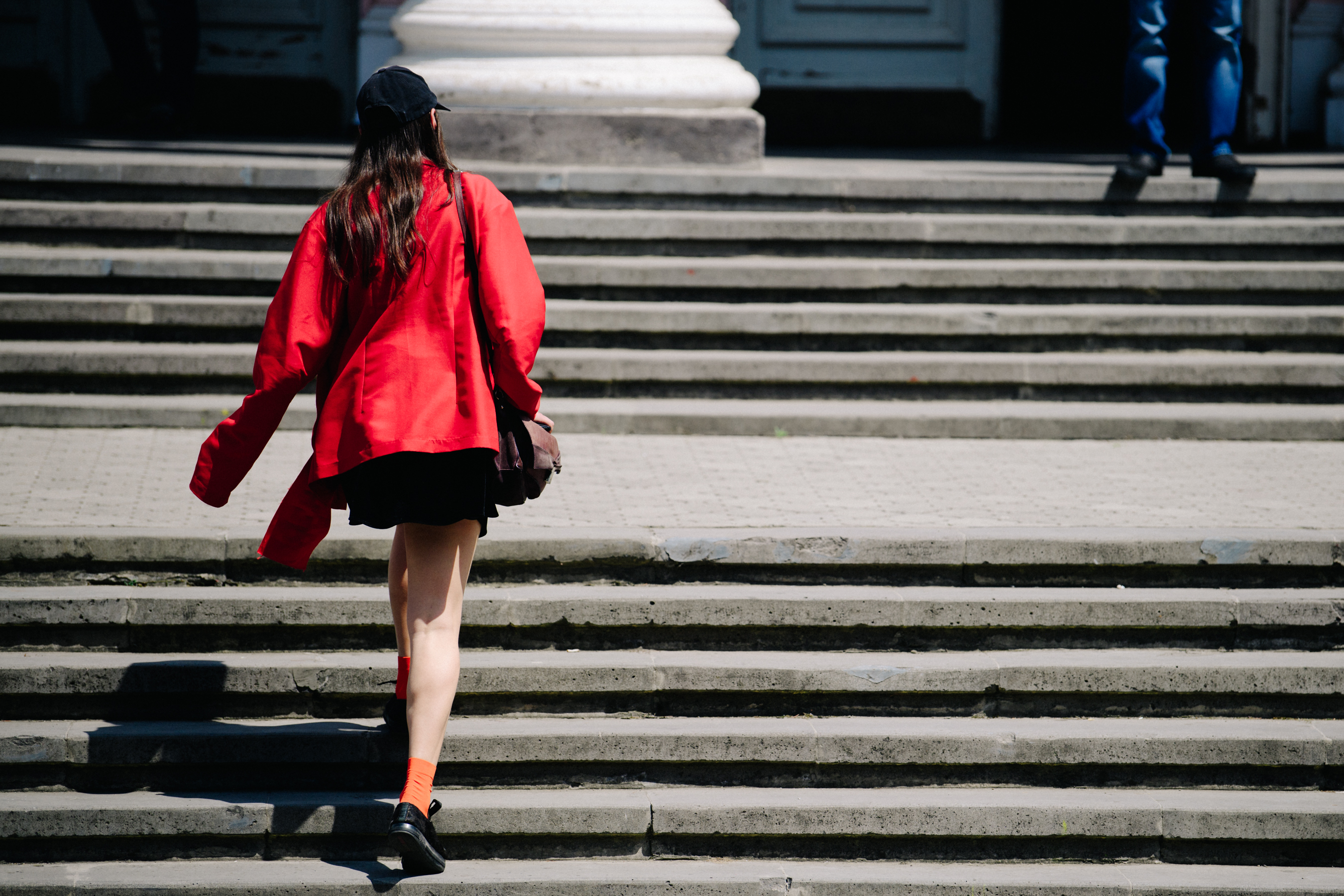Woman wearing red outfit