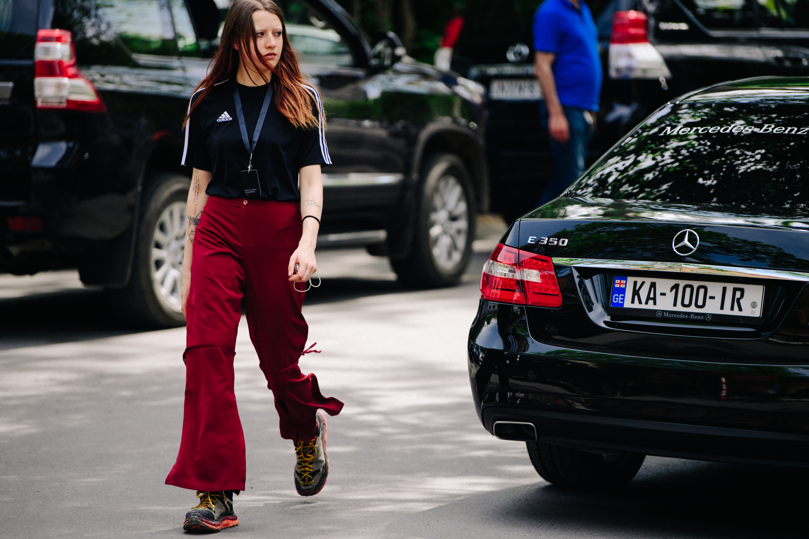 Georgian model wearing red pants