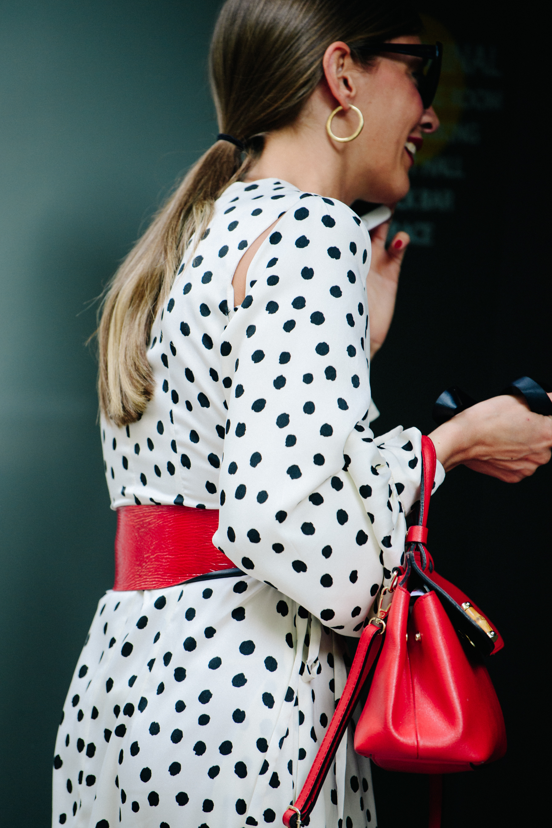 Woman wearing polka dot dress
