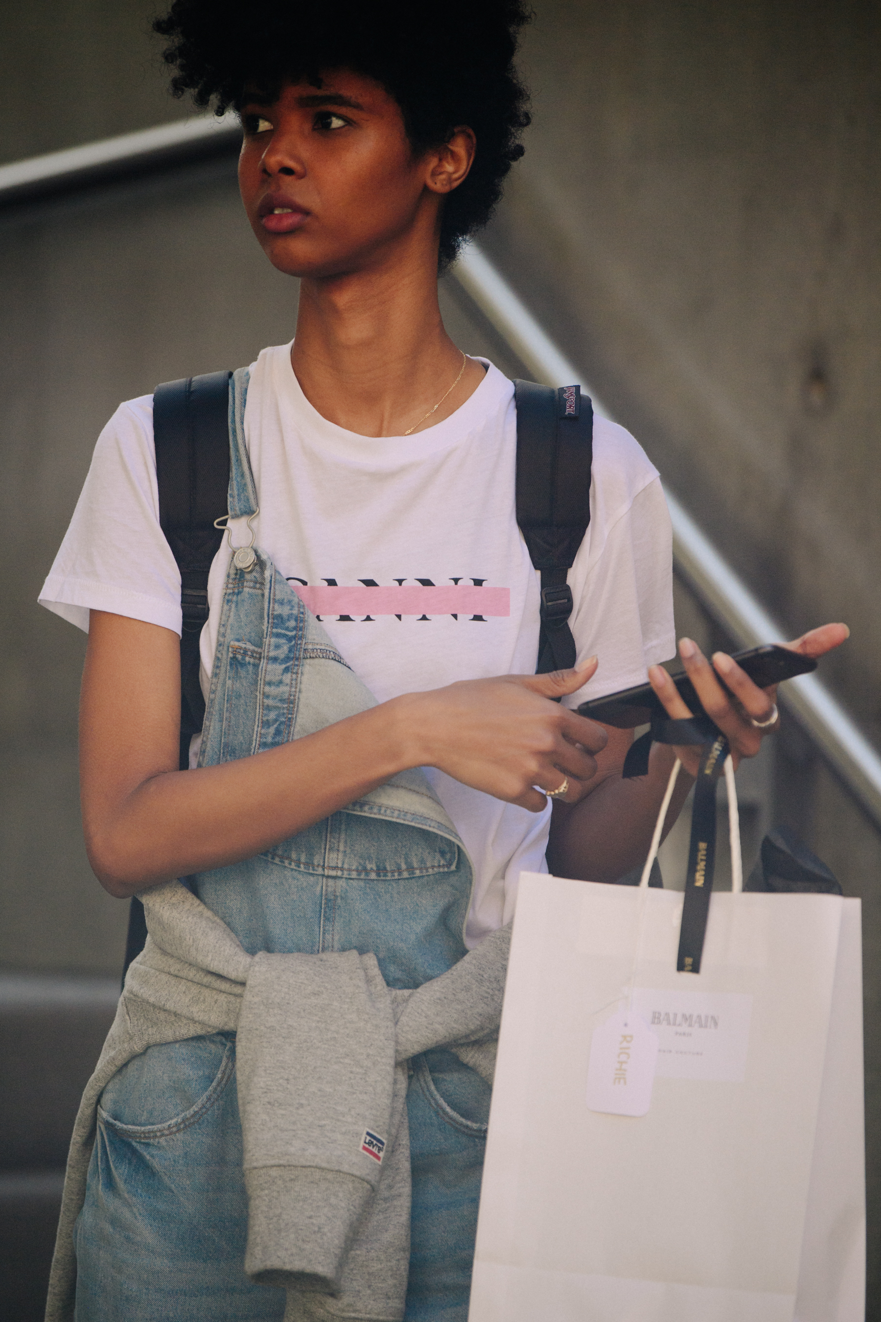 Model wearing white tee