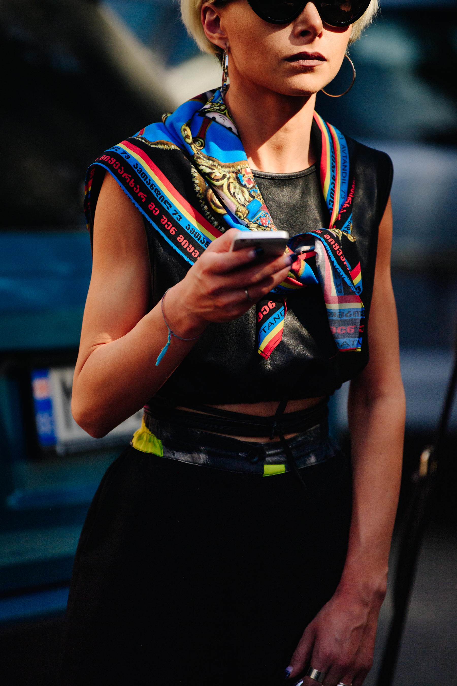 Woman wearing colourful neckerchief