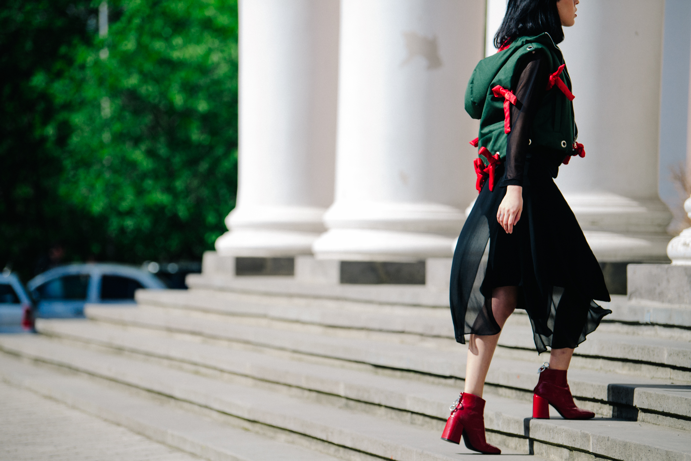 Woman wearing red and green