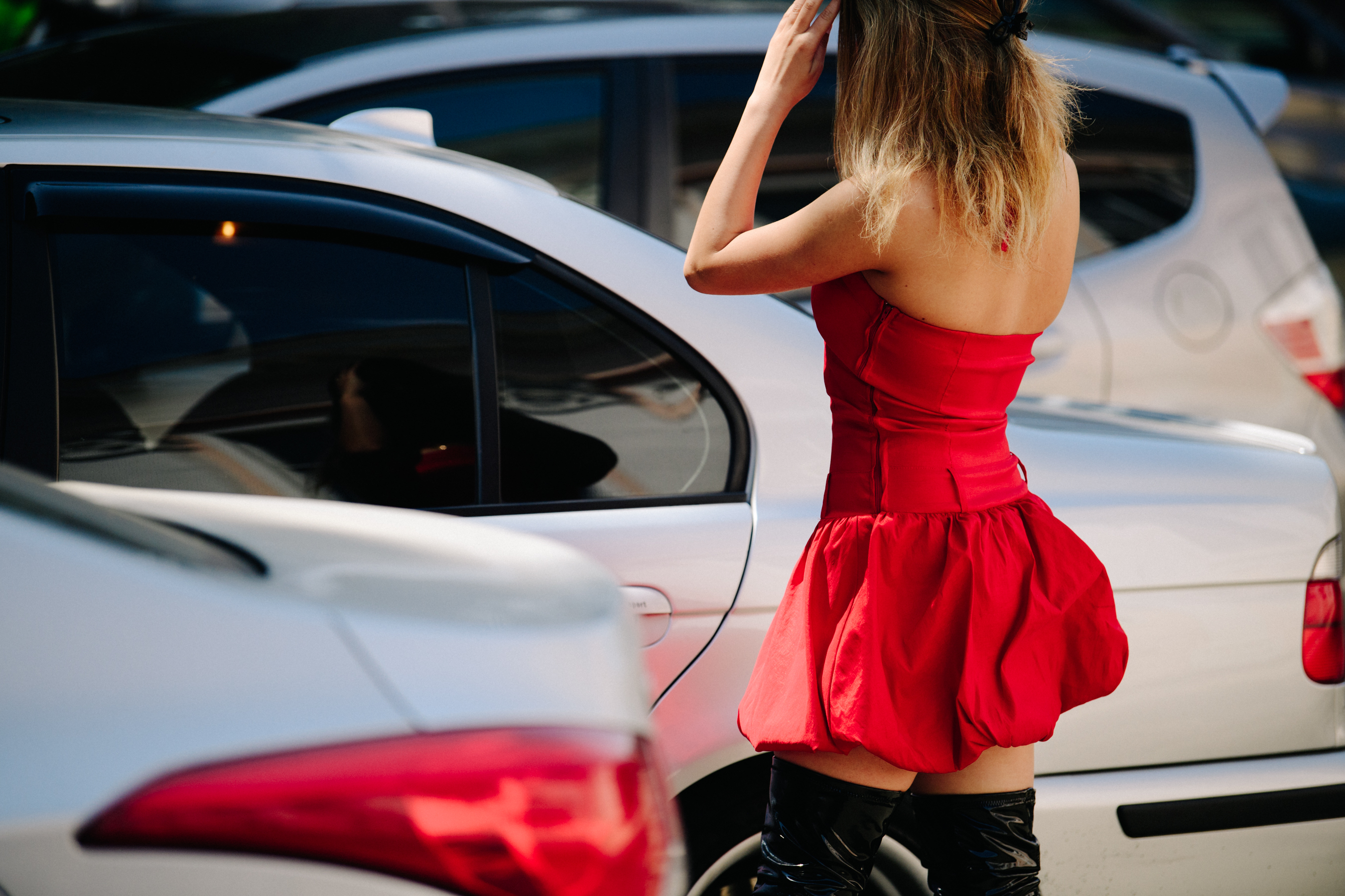 Woman wearing red outfit