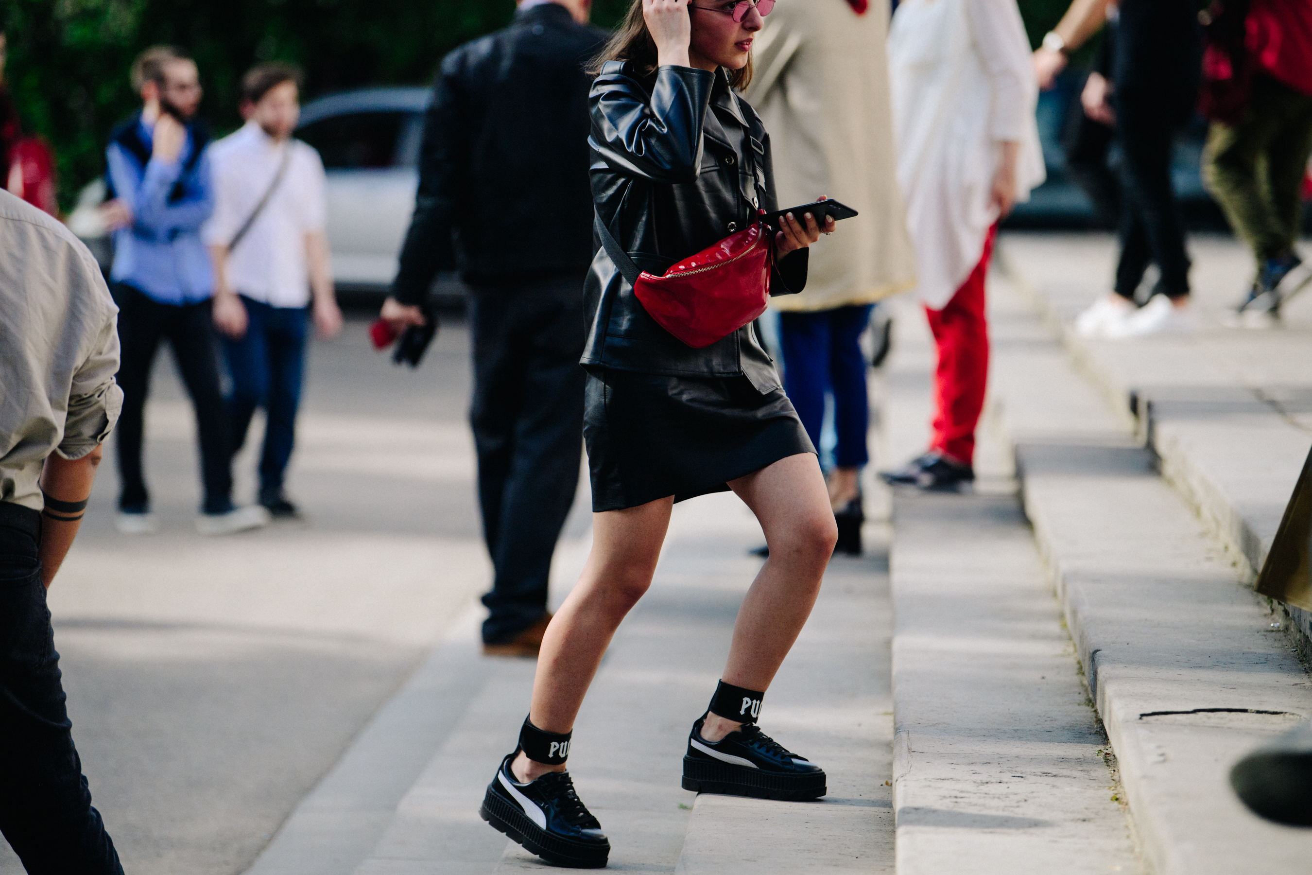 Woman wearing black leather outfit