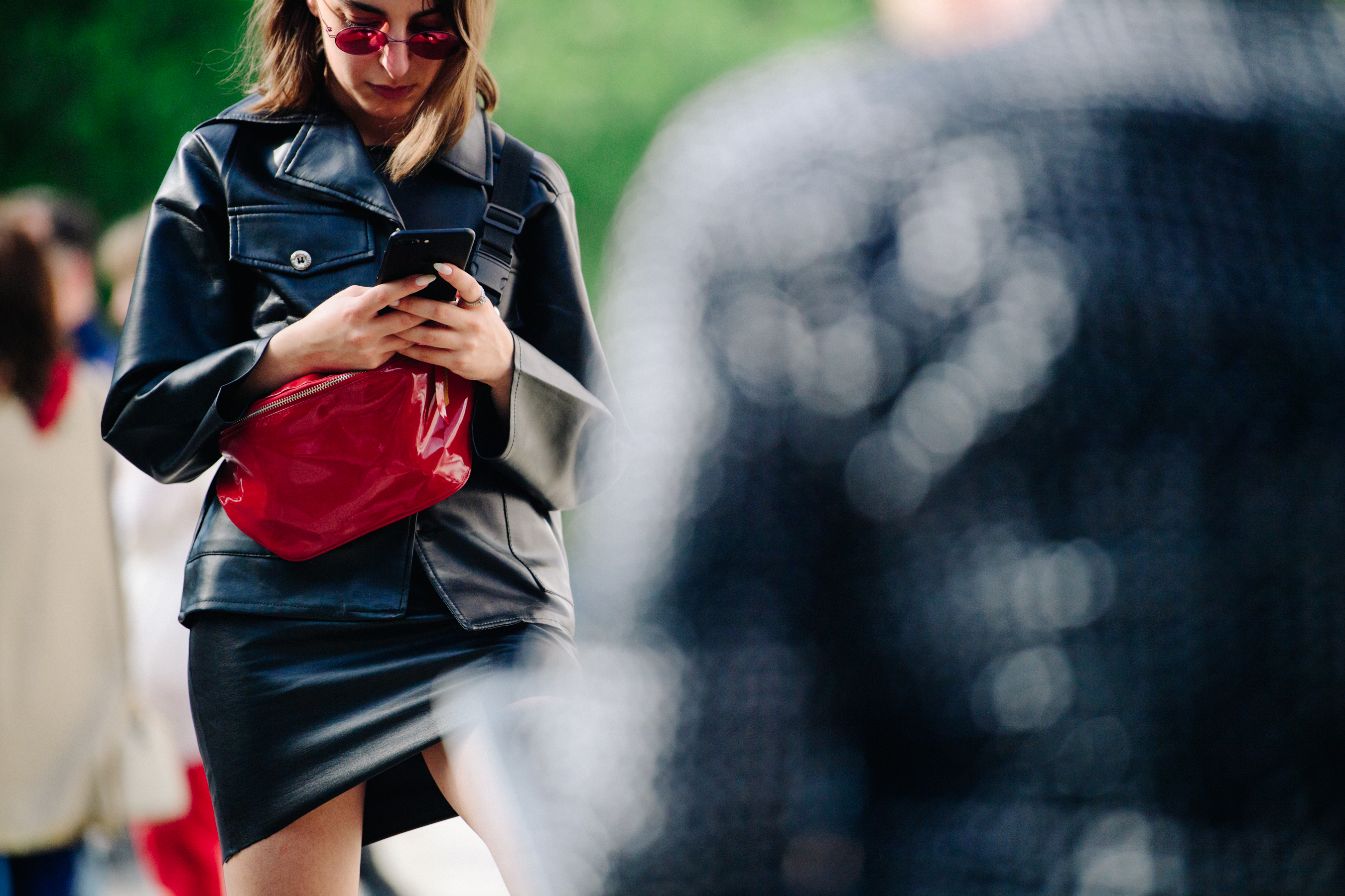 Woman wearing black leather outfit
