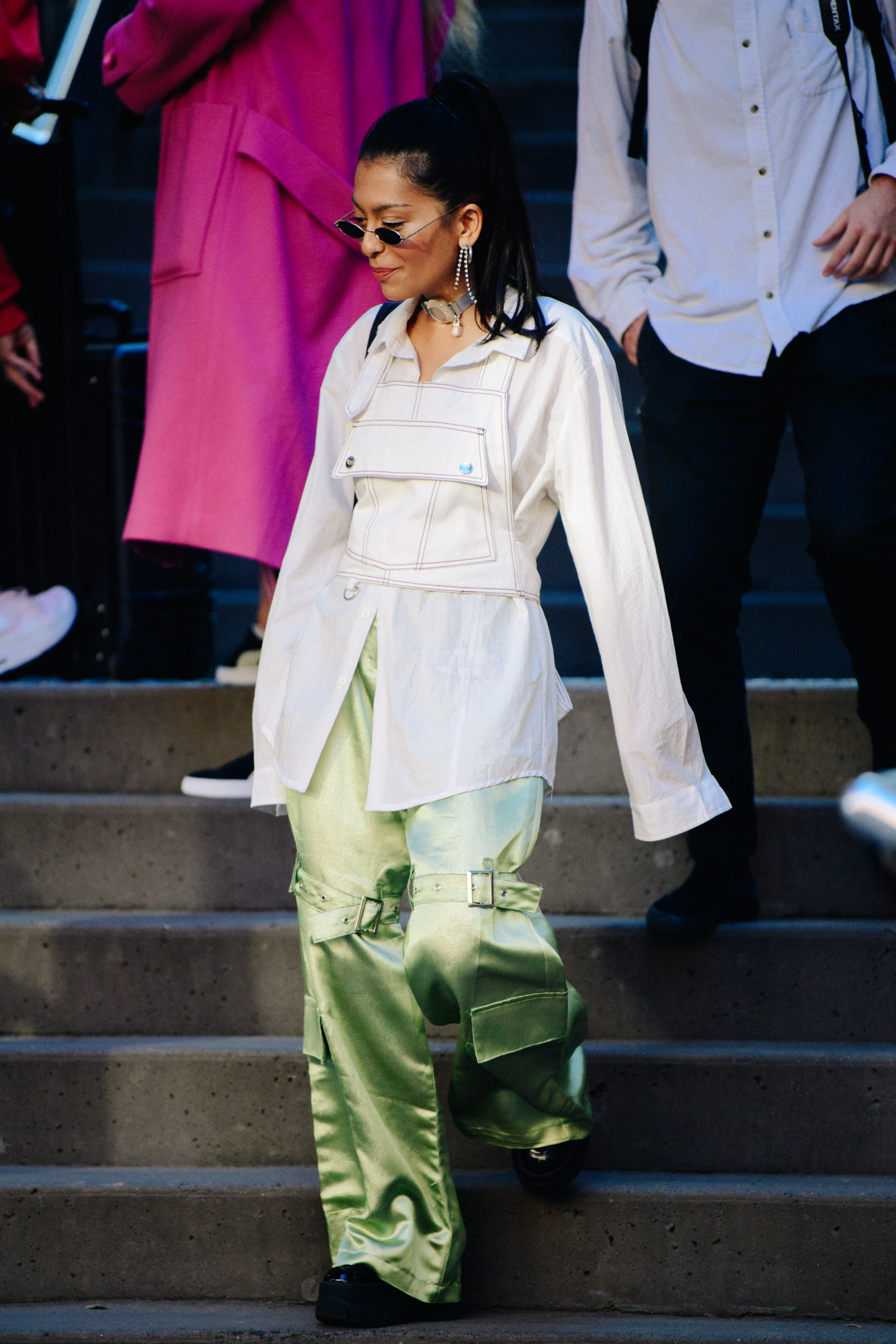Woman wearing green pants
