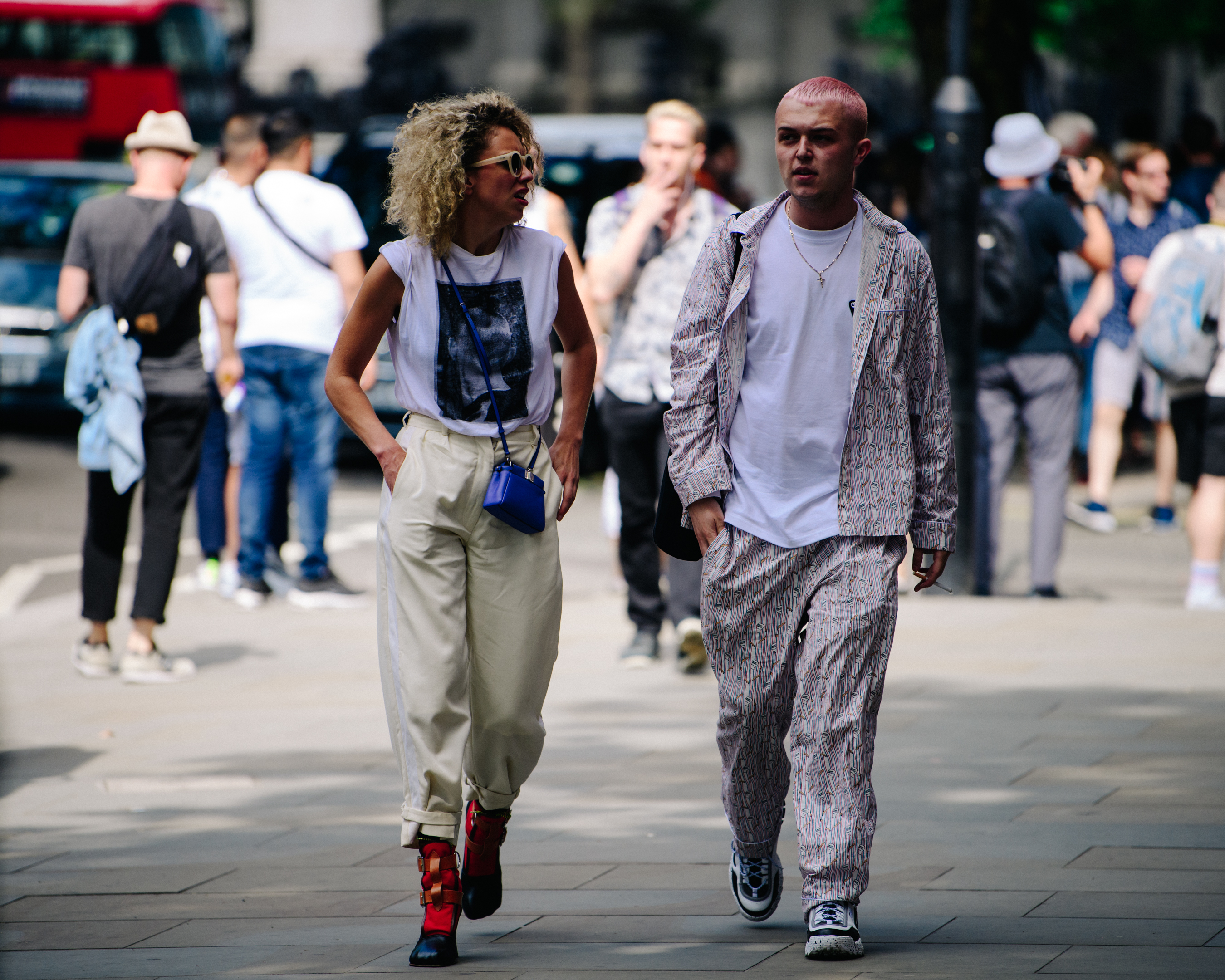 Couple wearing light outfits