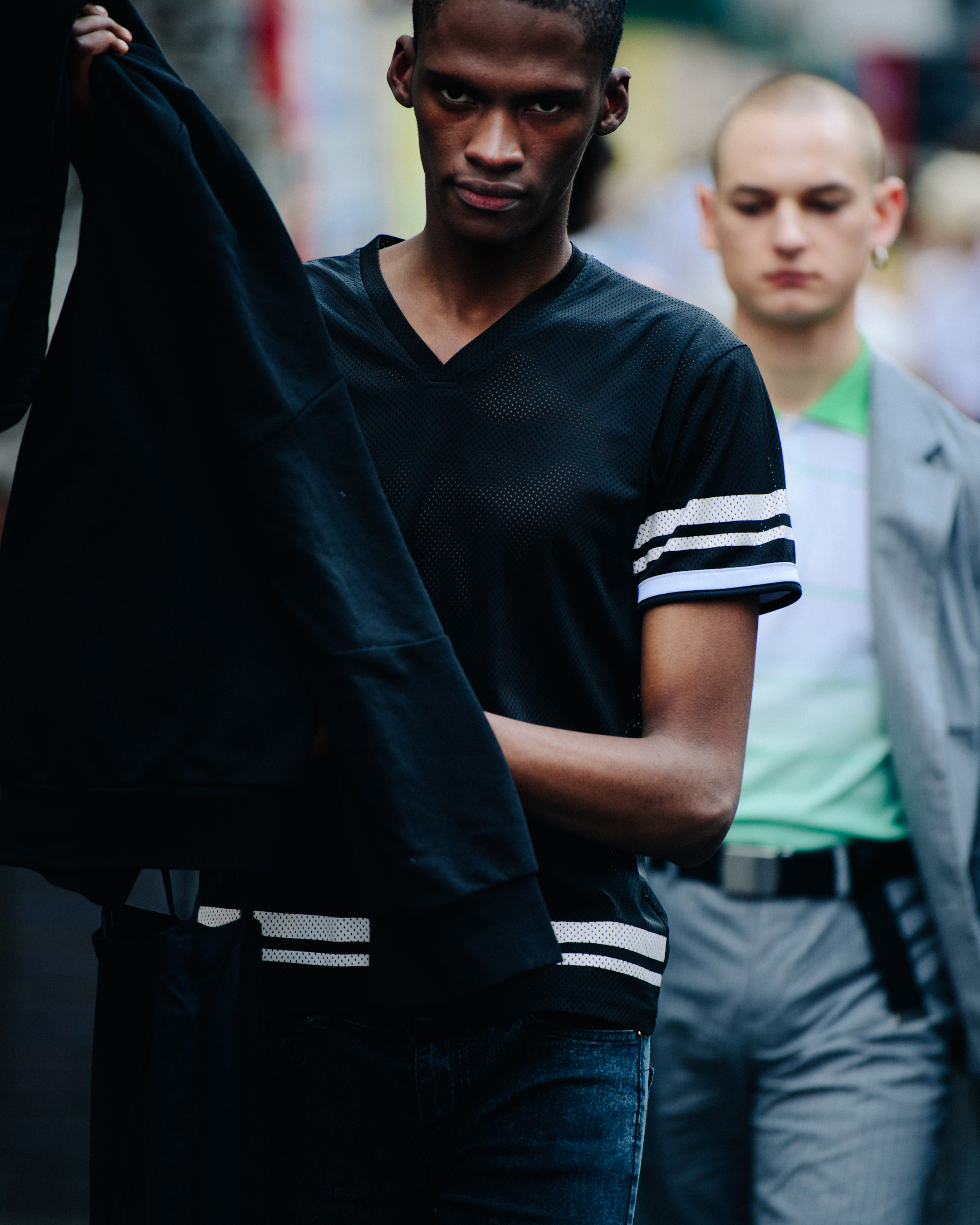 Model wearing black tee shirt