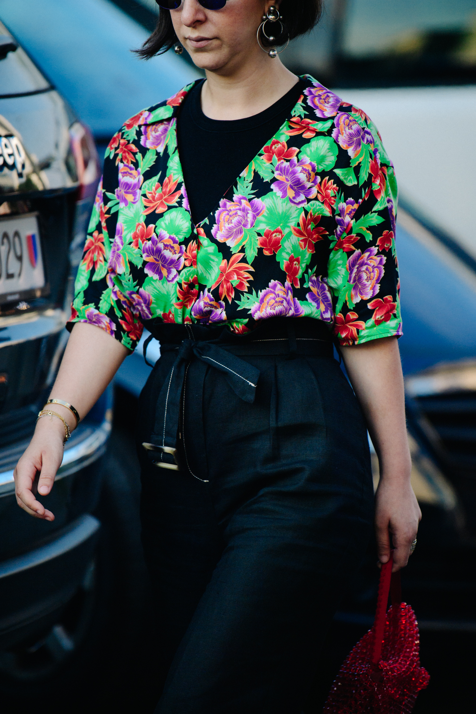 Woman wearing floral shirt
