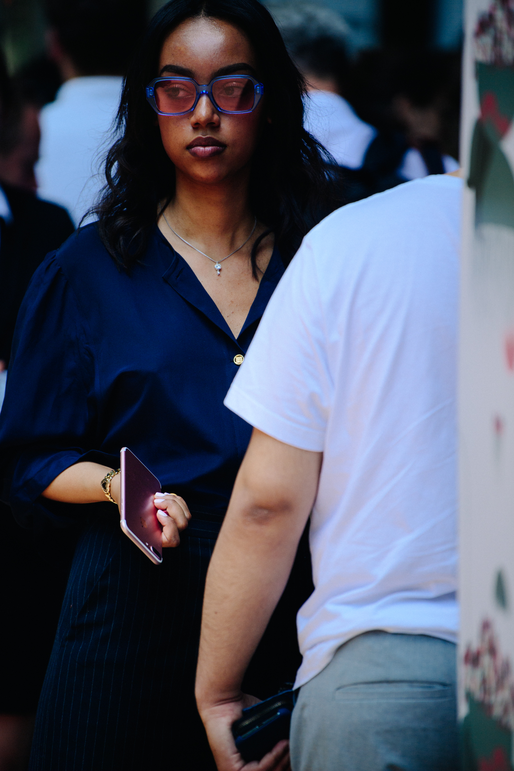 Woman wearing blue outfit