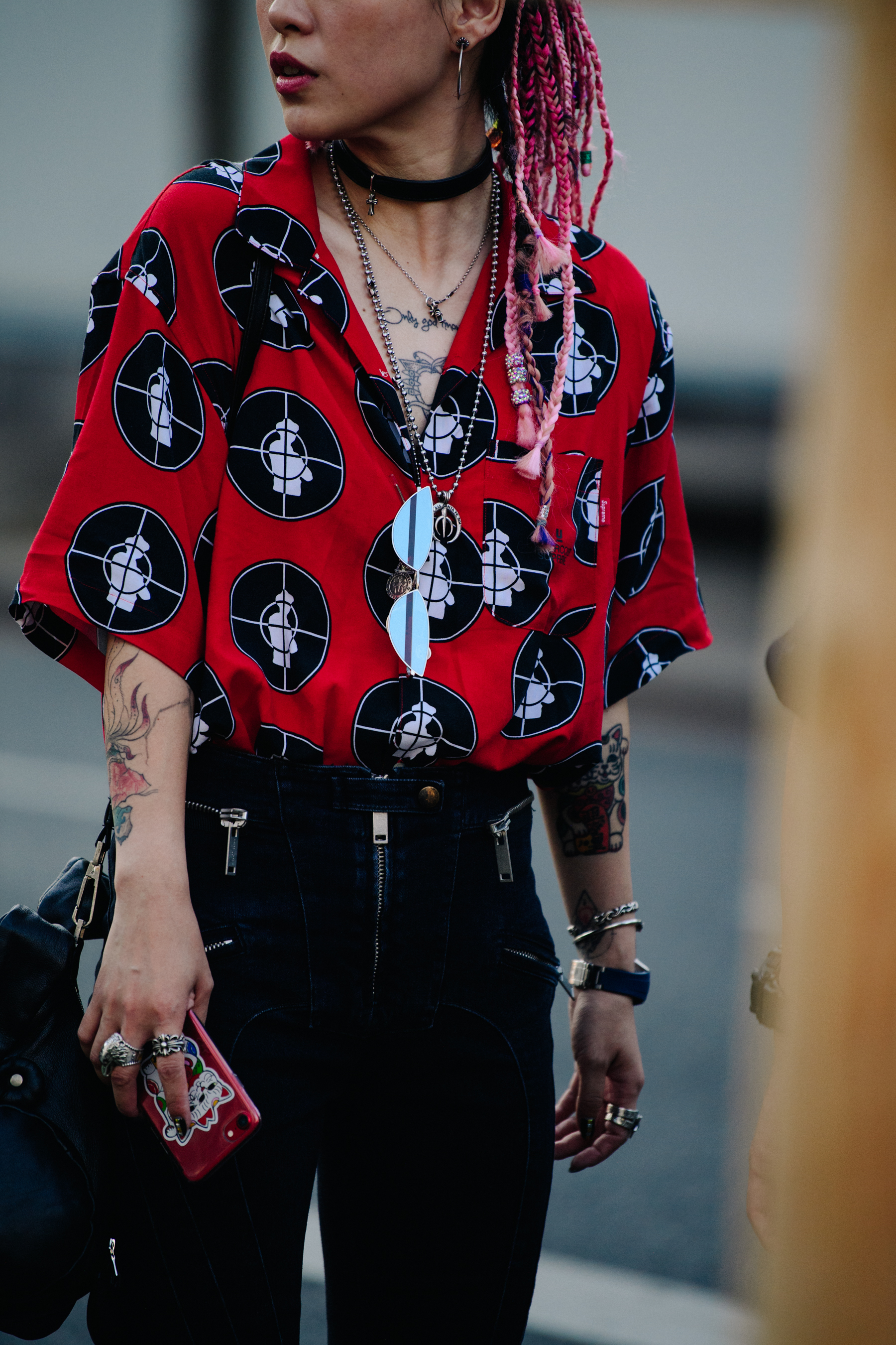 Woman wearing red pattern shirt