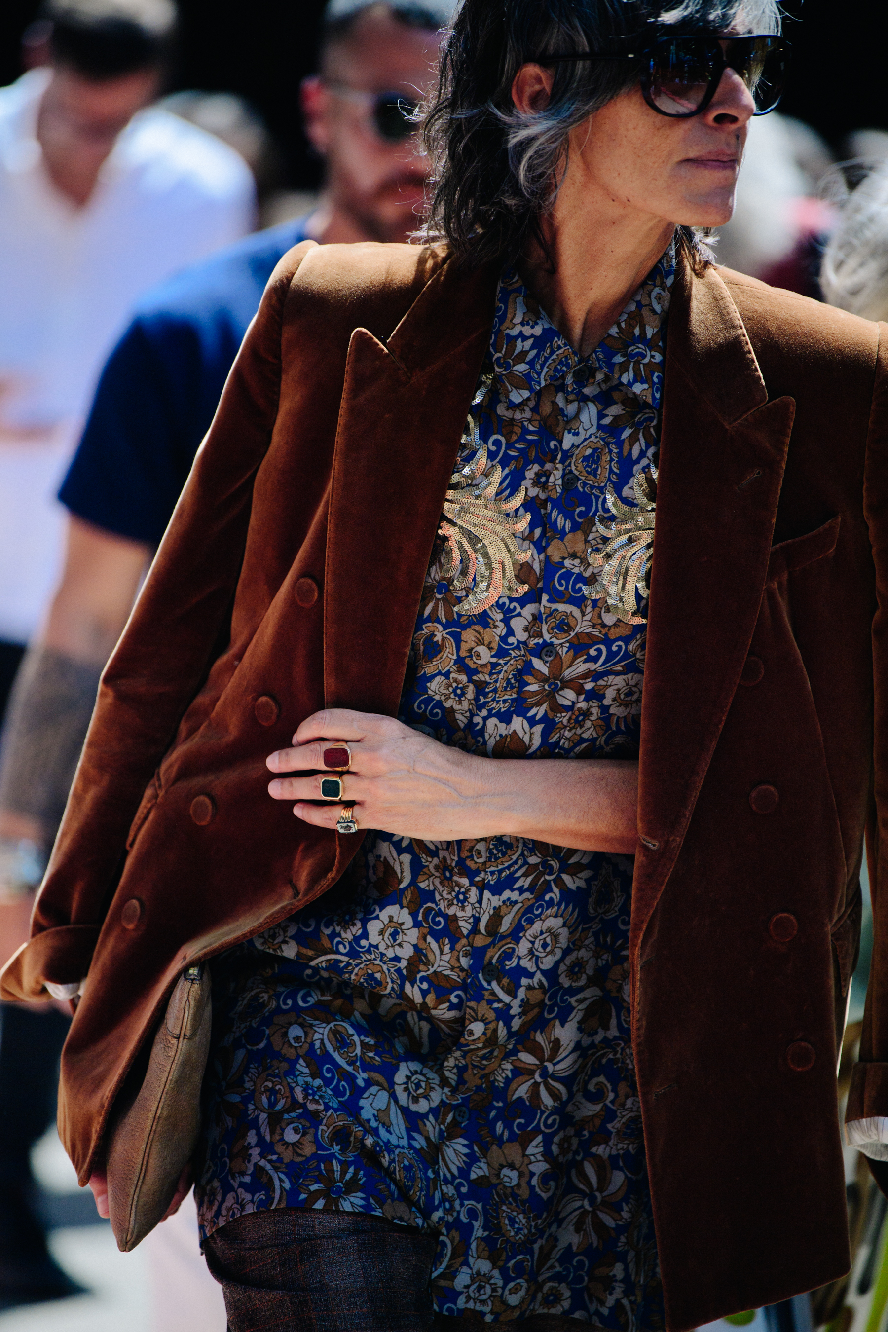Woman wearing brown velvet jacket