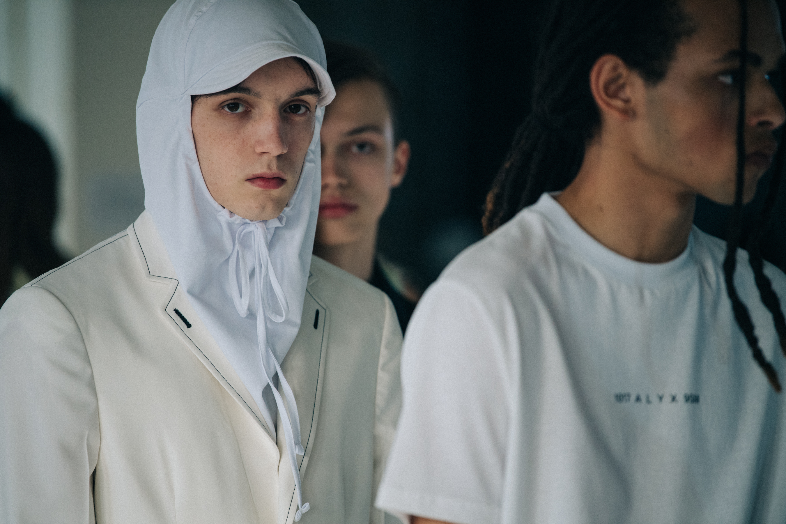 Model wearing white Alyx outfit