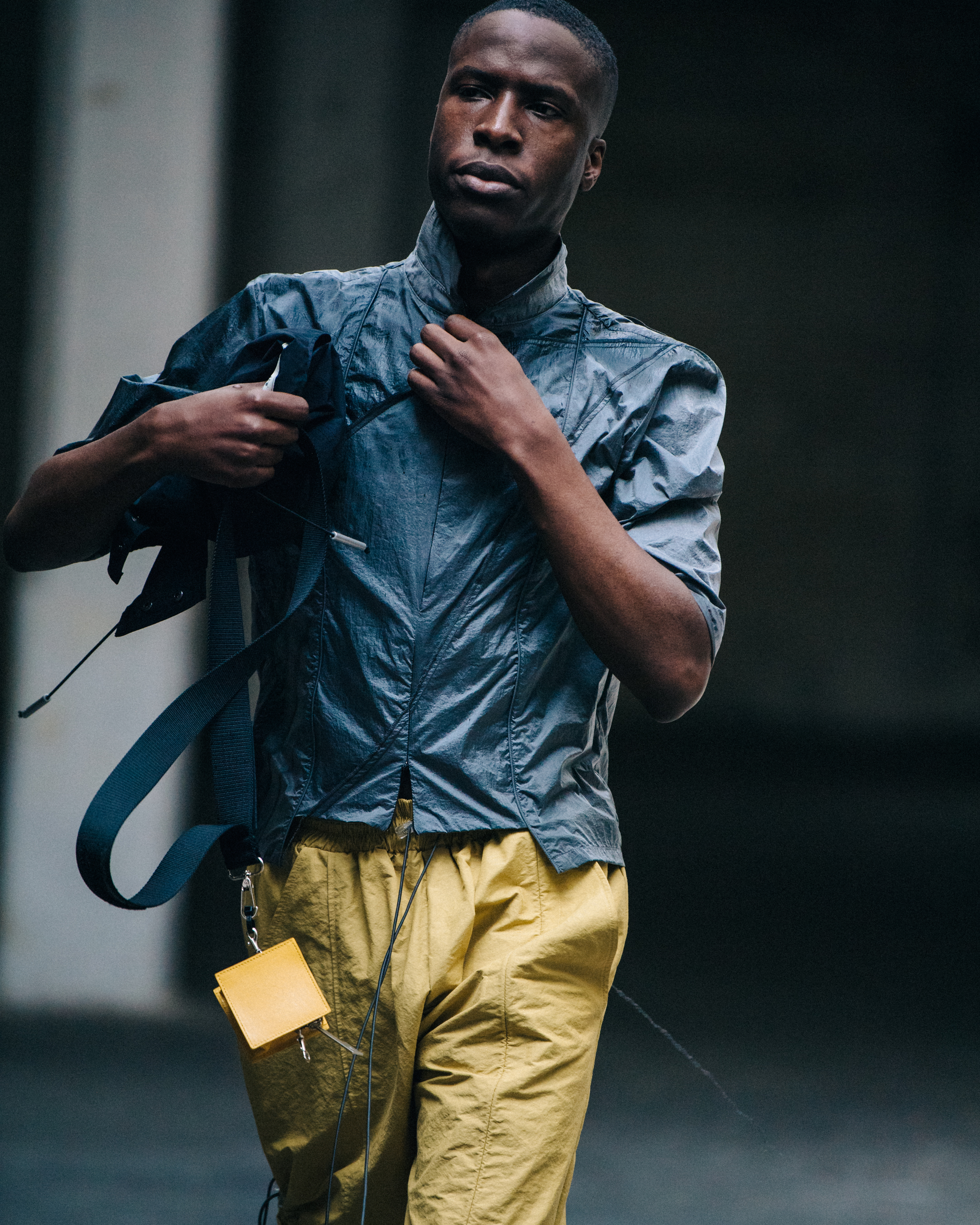 Model wearing yellow pants at A-Cold-Wall*