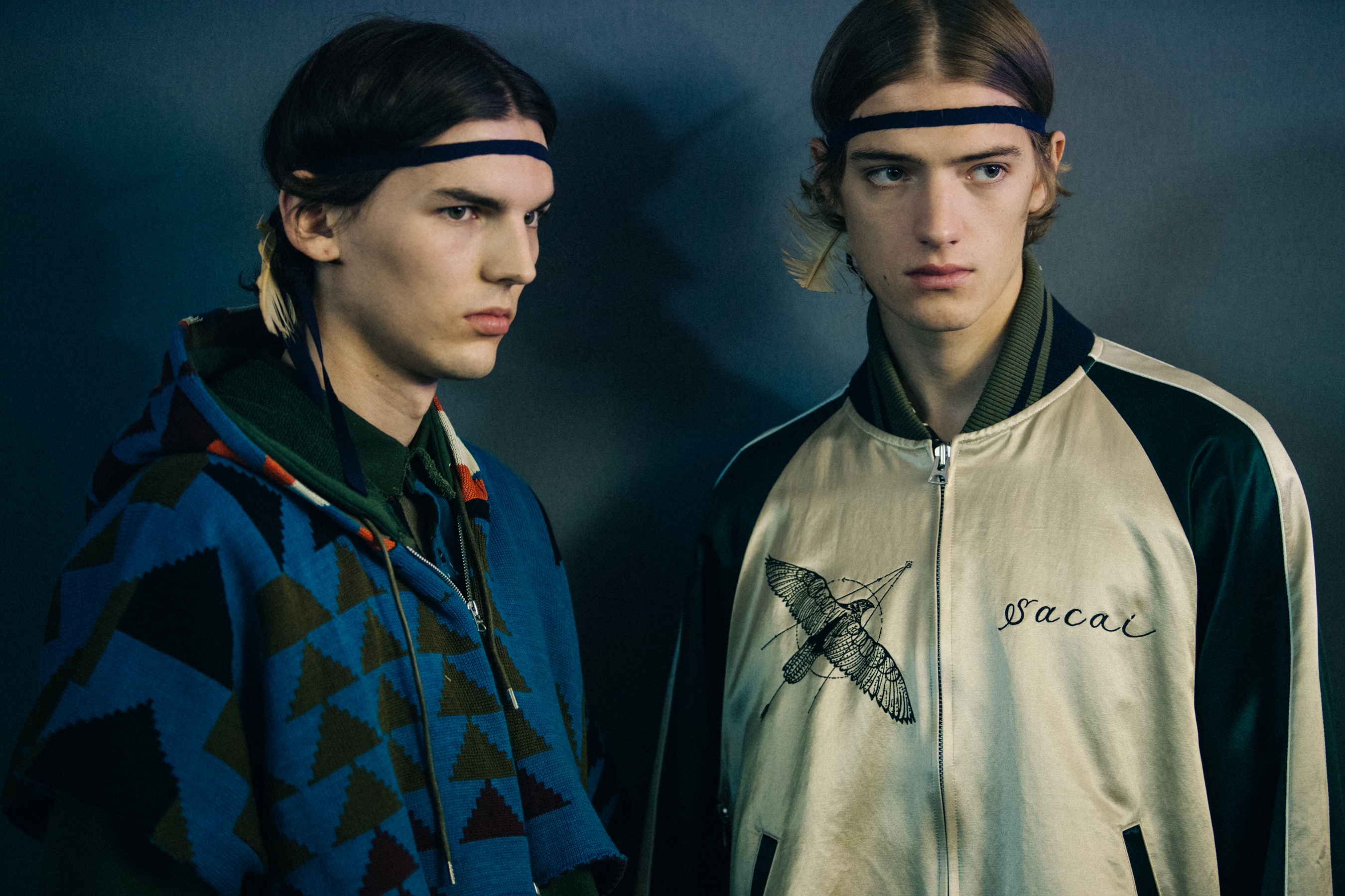 Models wearing Sacai x Pendleton outfits