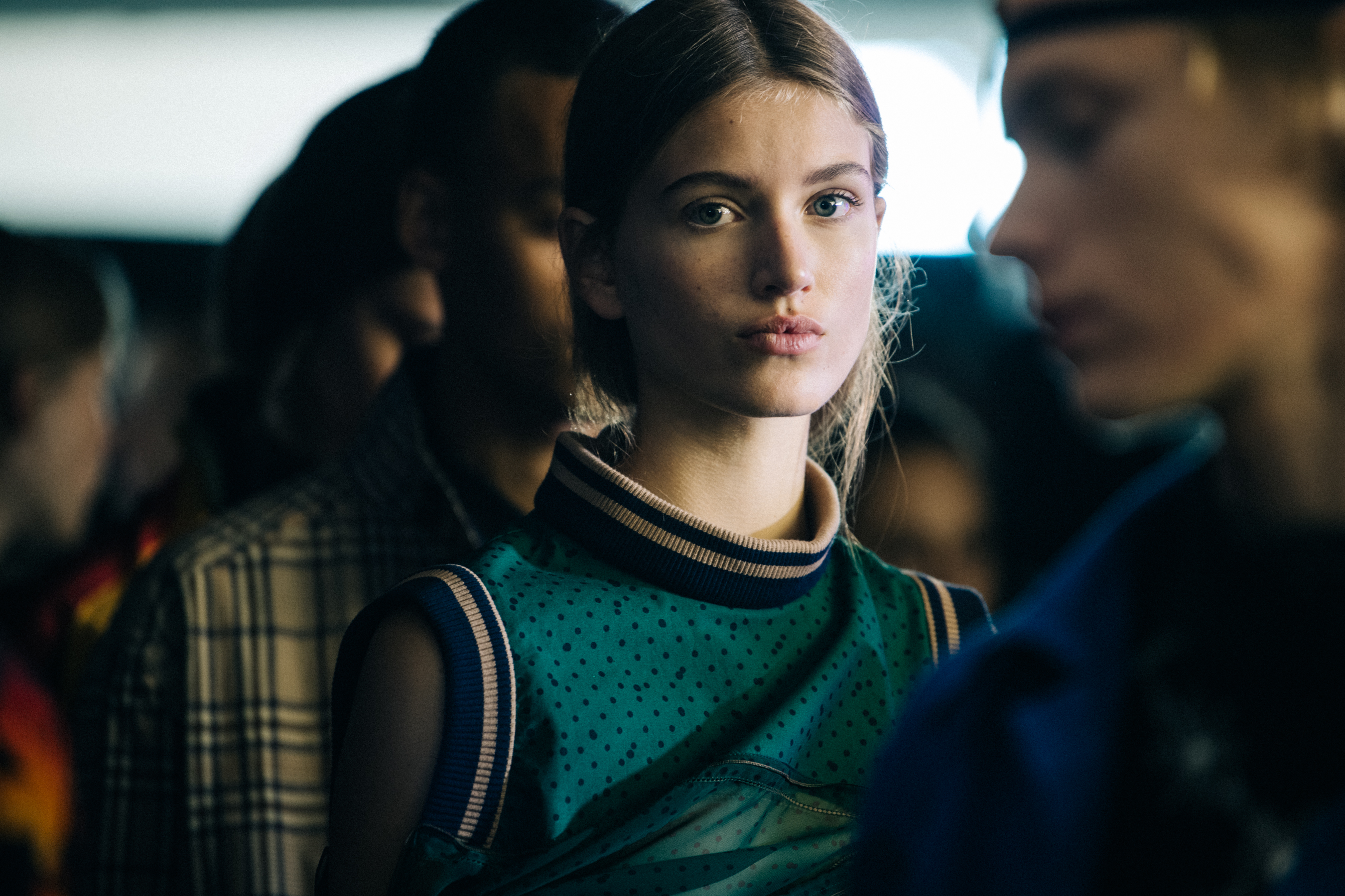 Model wearing Sacai x Pendleton outfits
