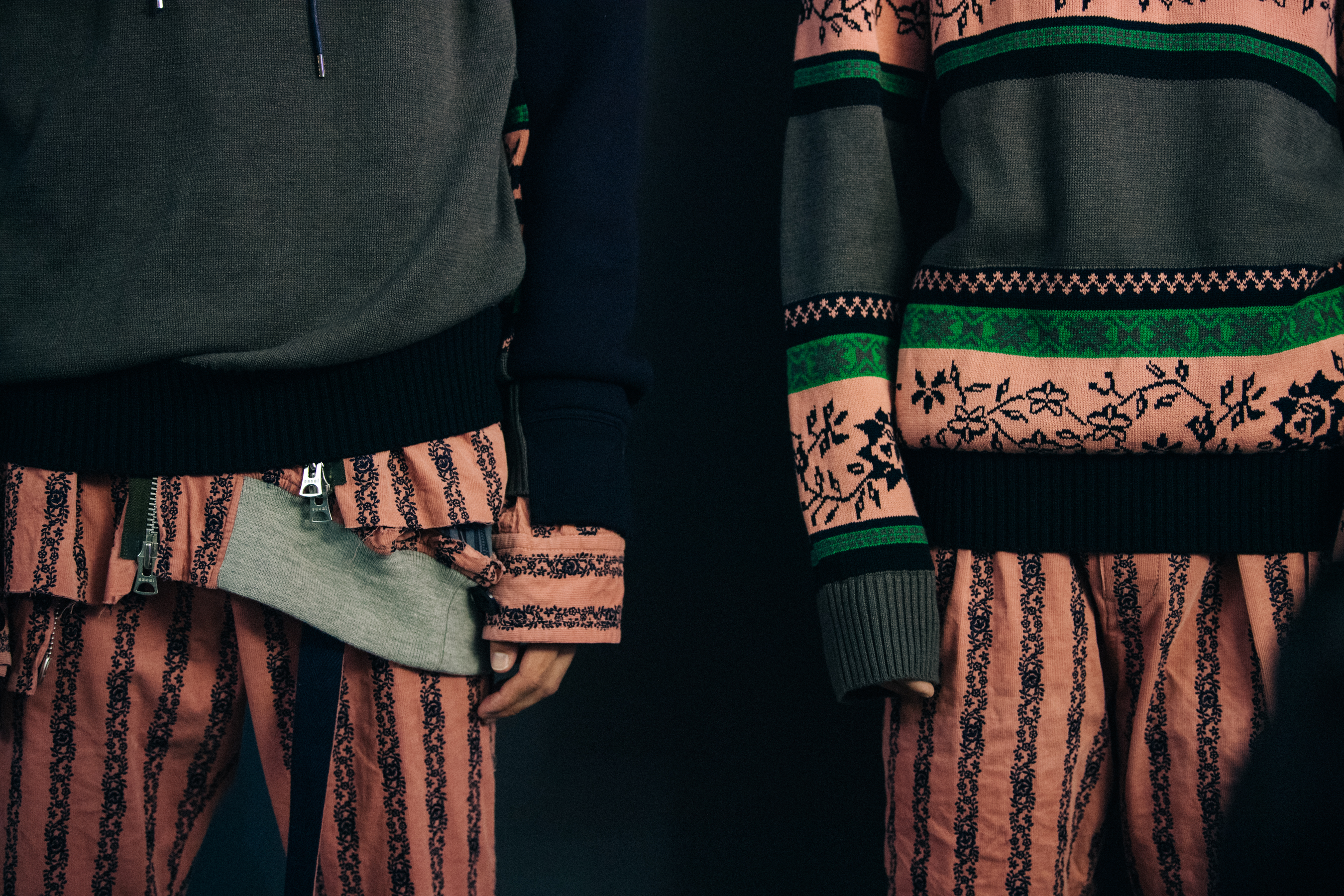 Models wearing Sacai x Pendleton outfits