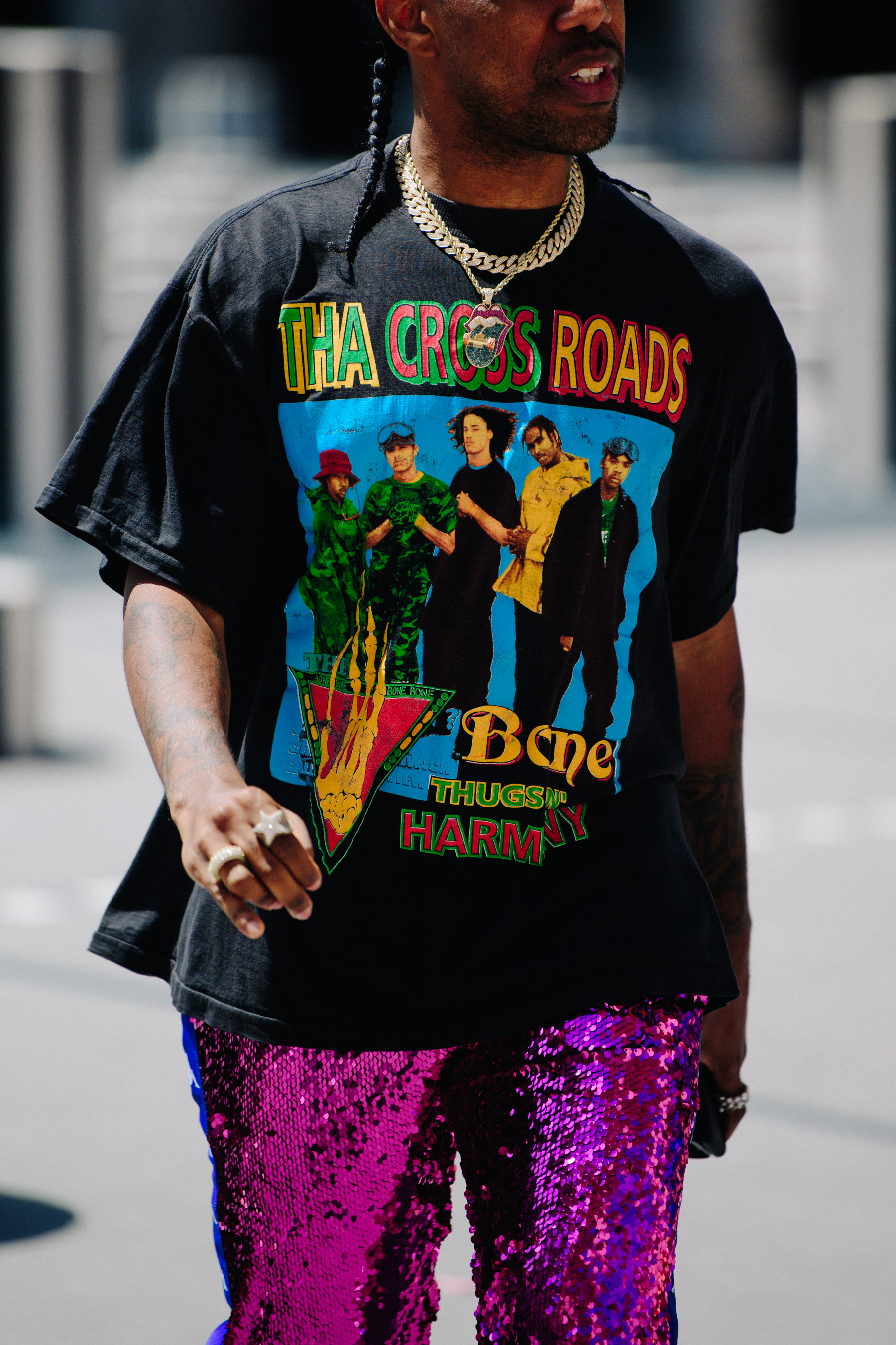 Man wearing sequin pants