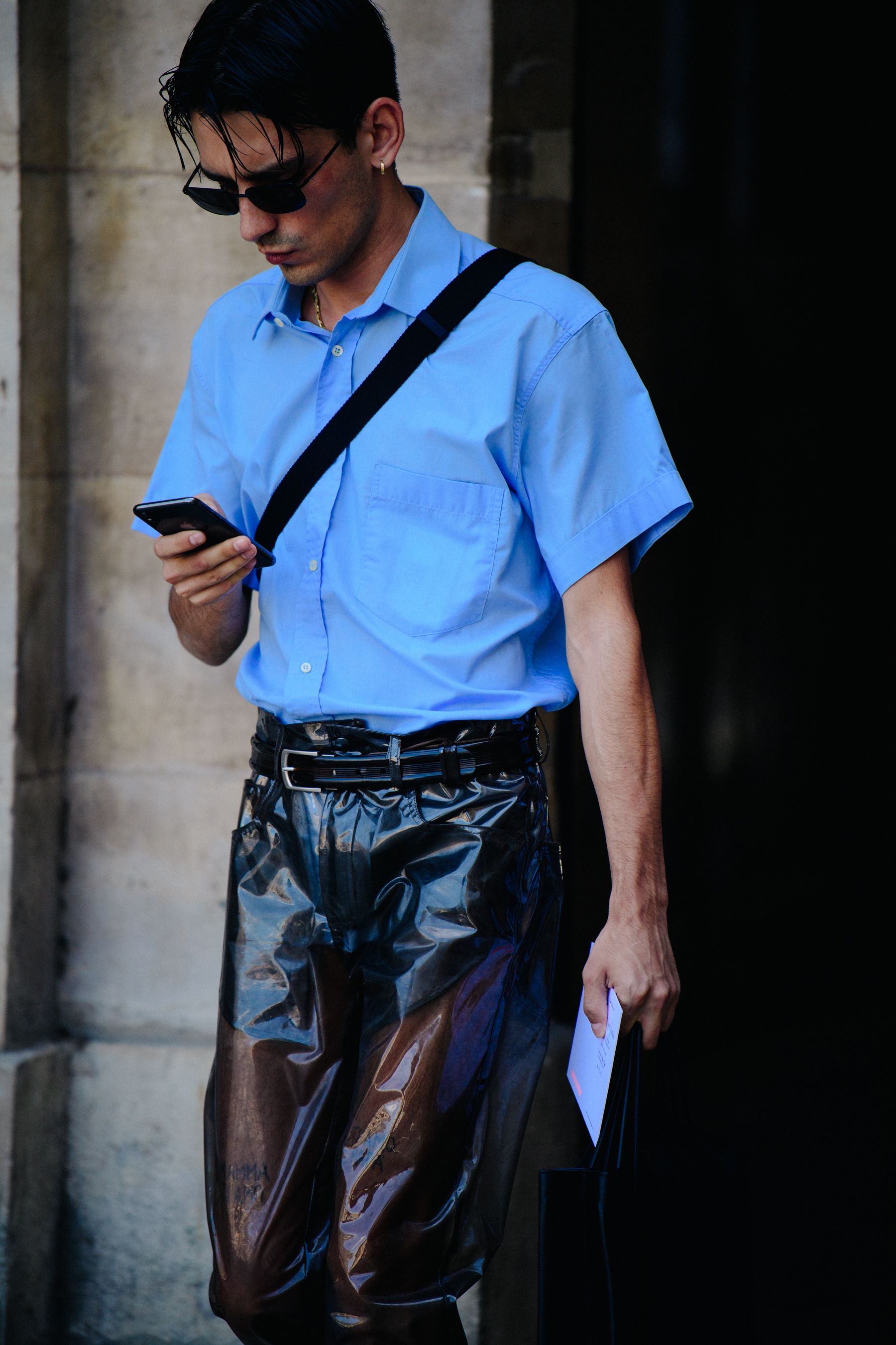 Man wearing plastic pants