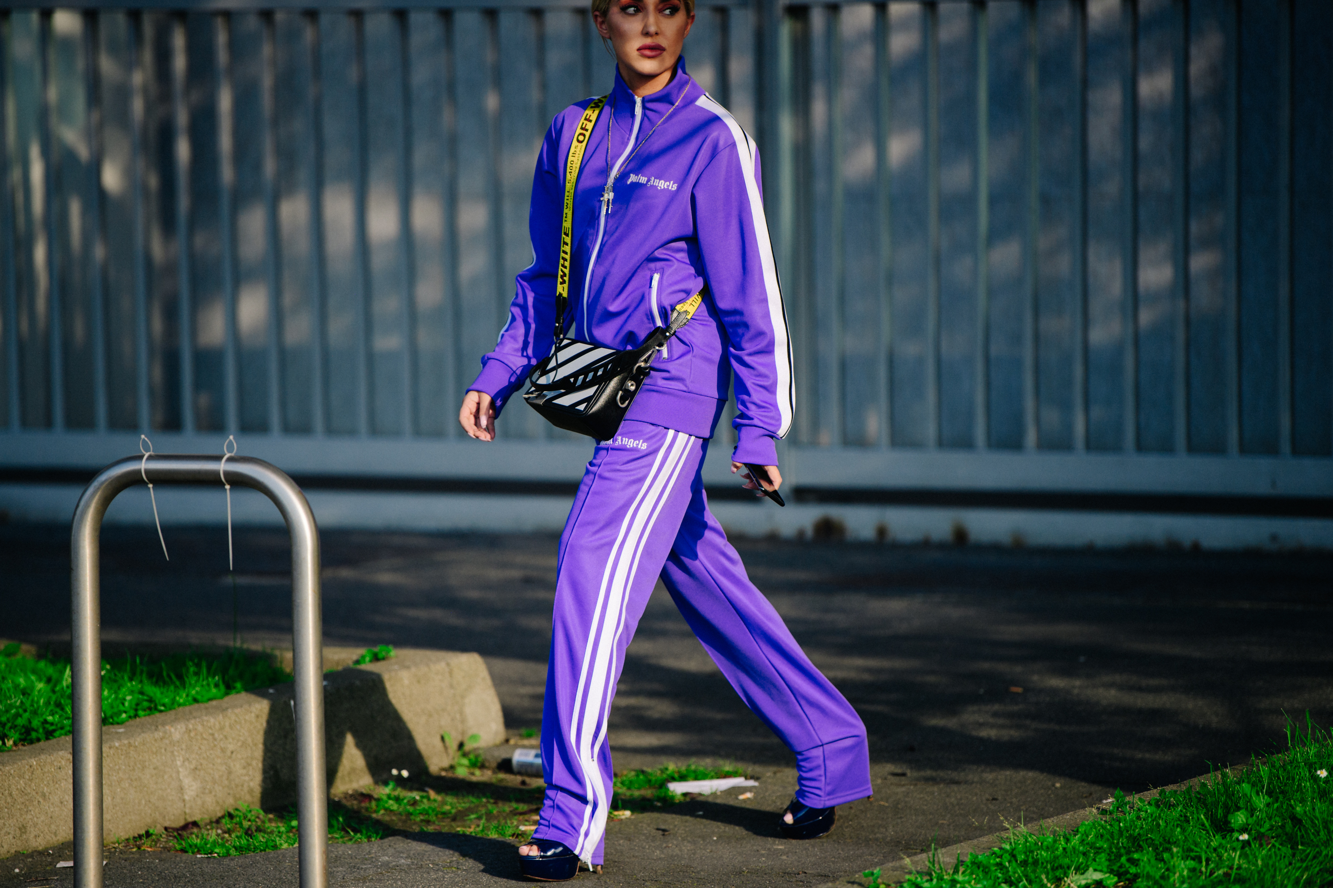 Woman wearing purple outfit