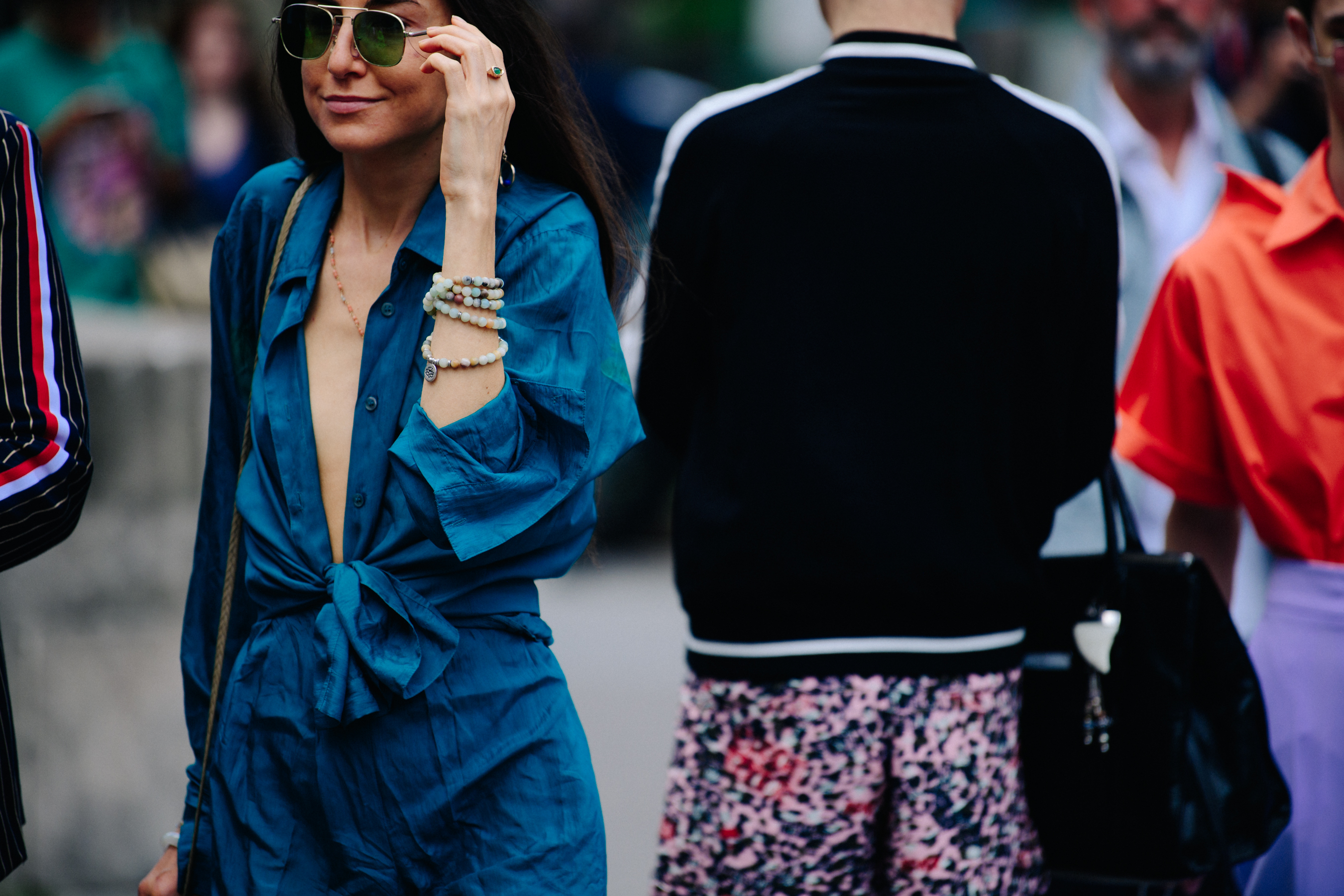 Woman wearing green lens glasses