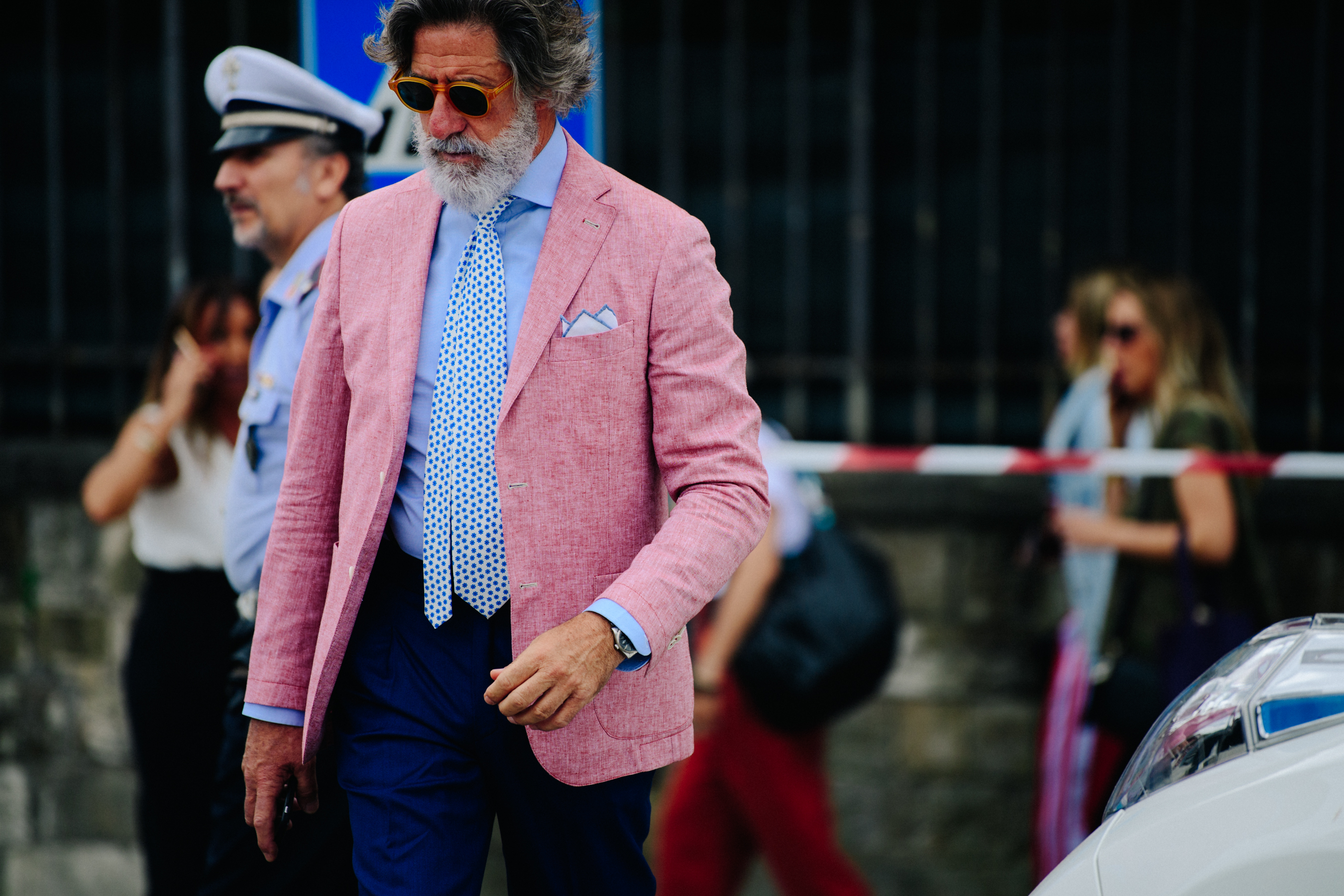 Man wearing pink jacket