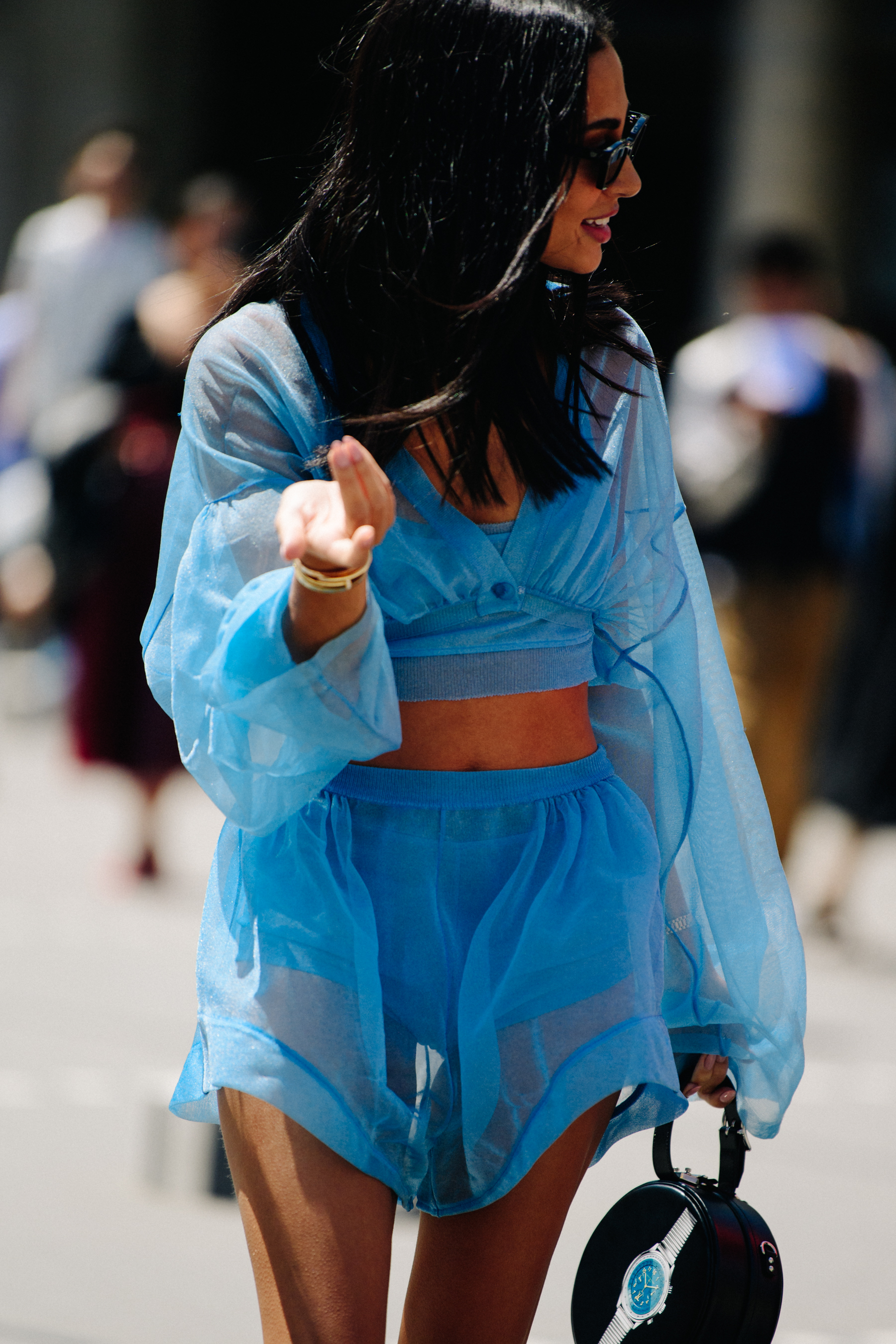 Woman wearing blue dress
