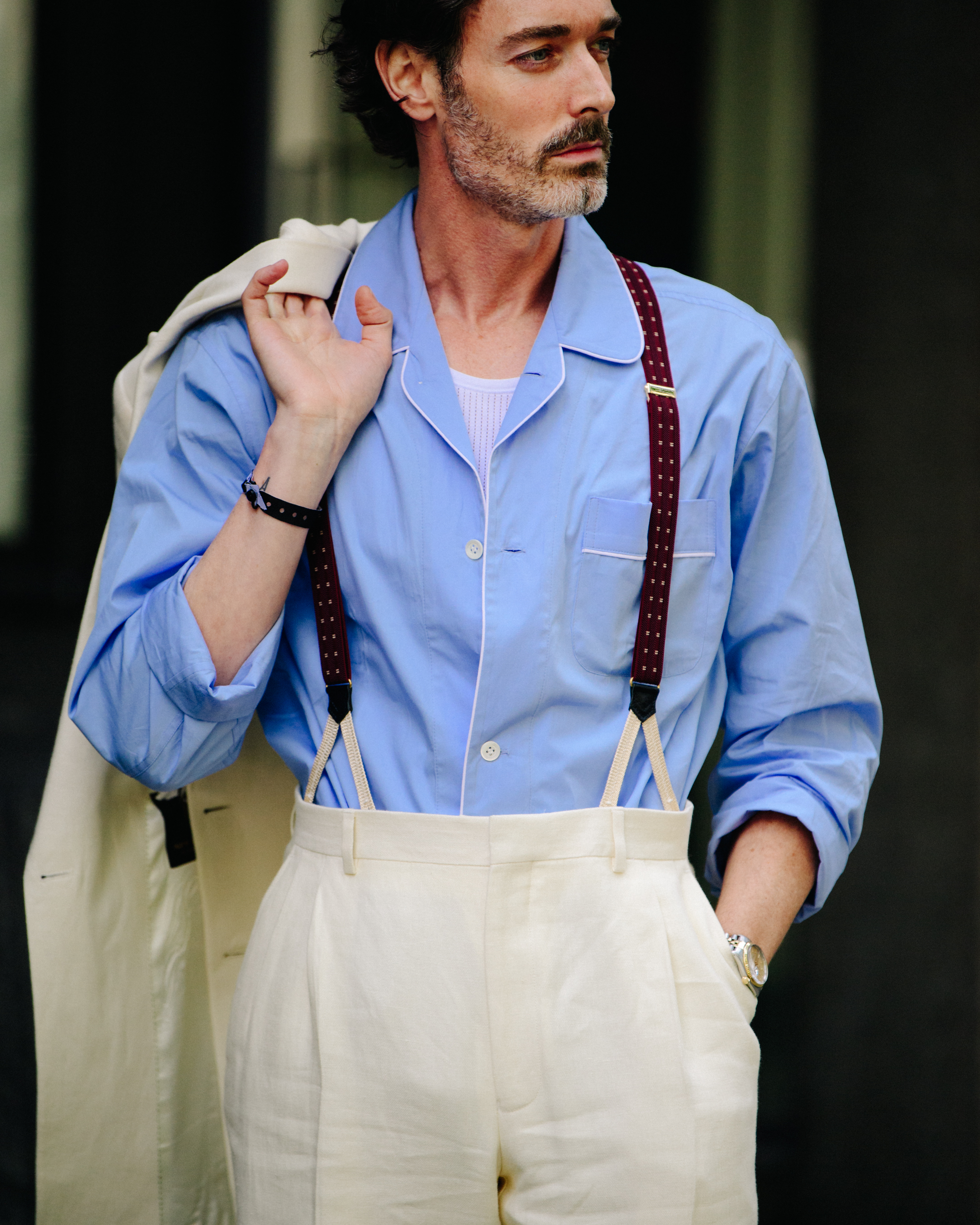 Model wearing blue shirt