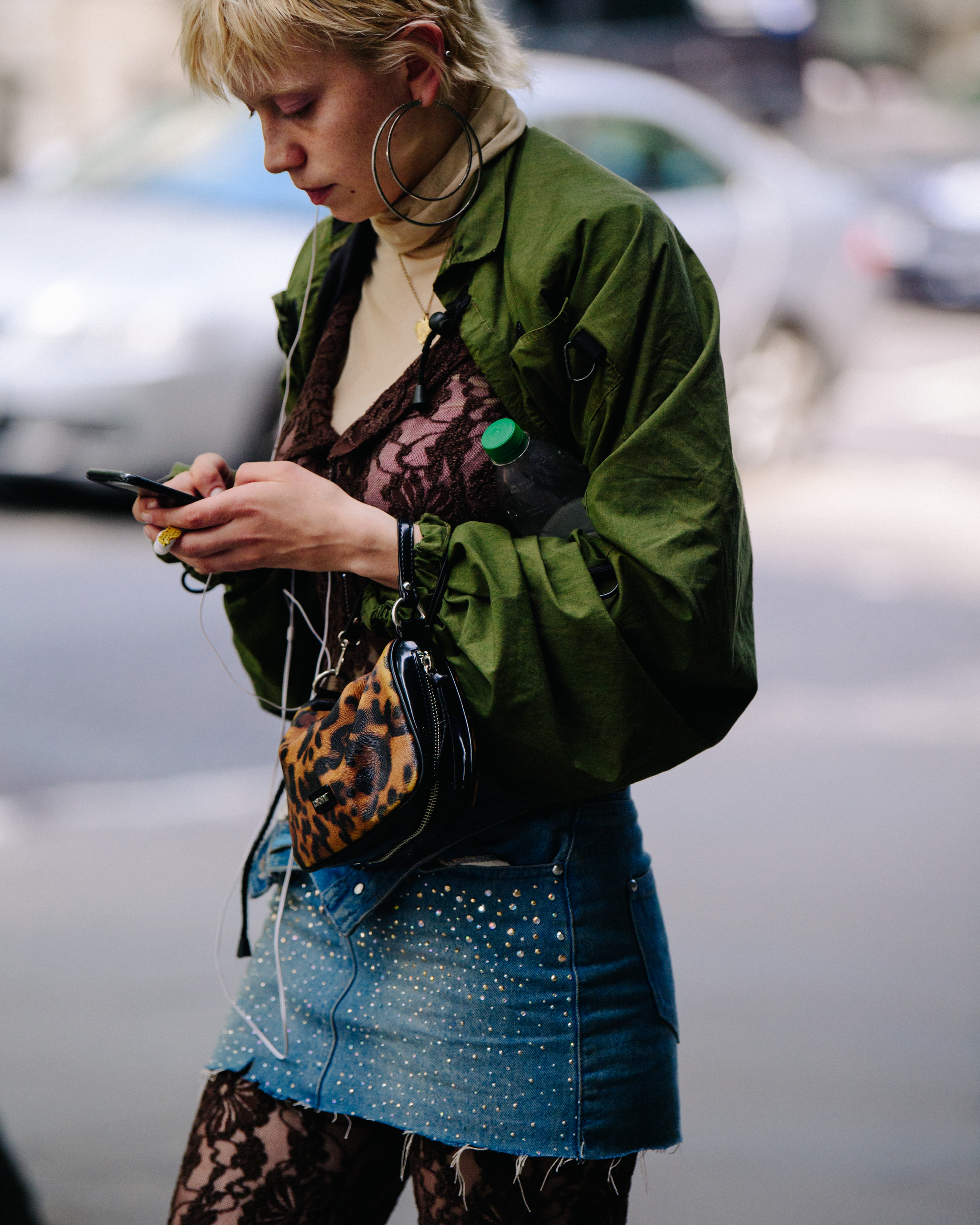 Model wearing green jacket