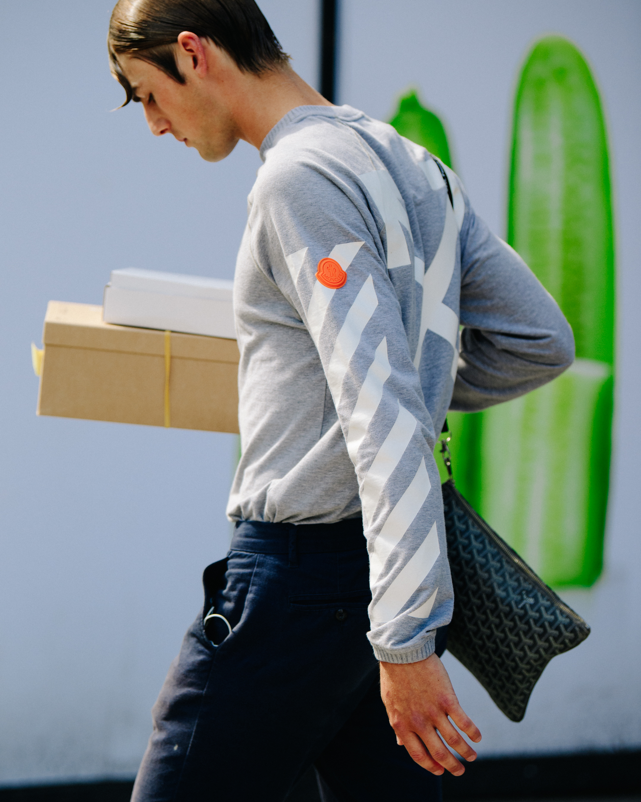 Model wearing Moncler x Off White