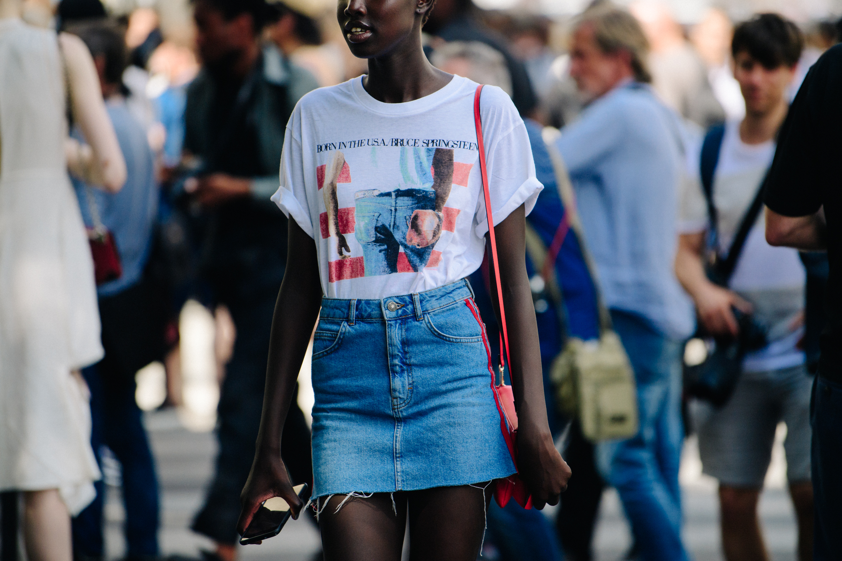 Model wearing denim skirt