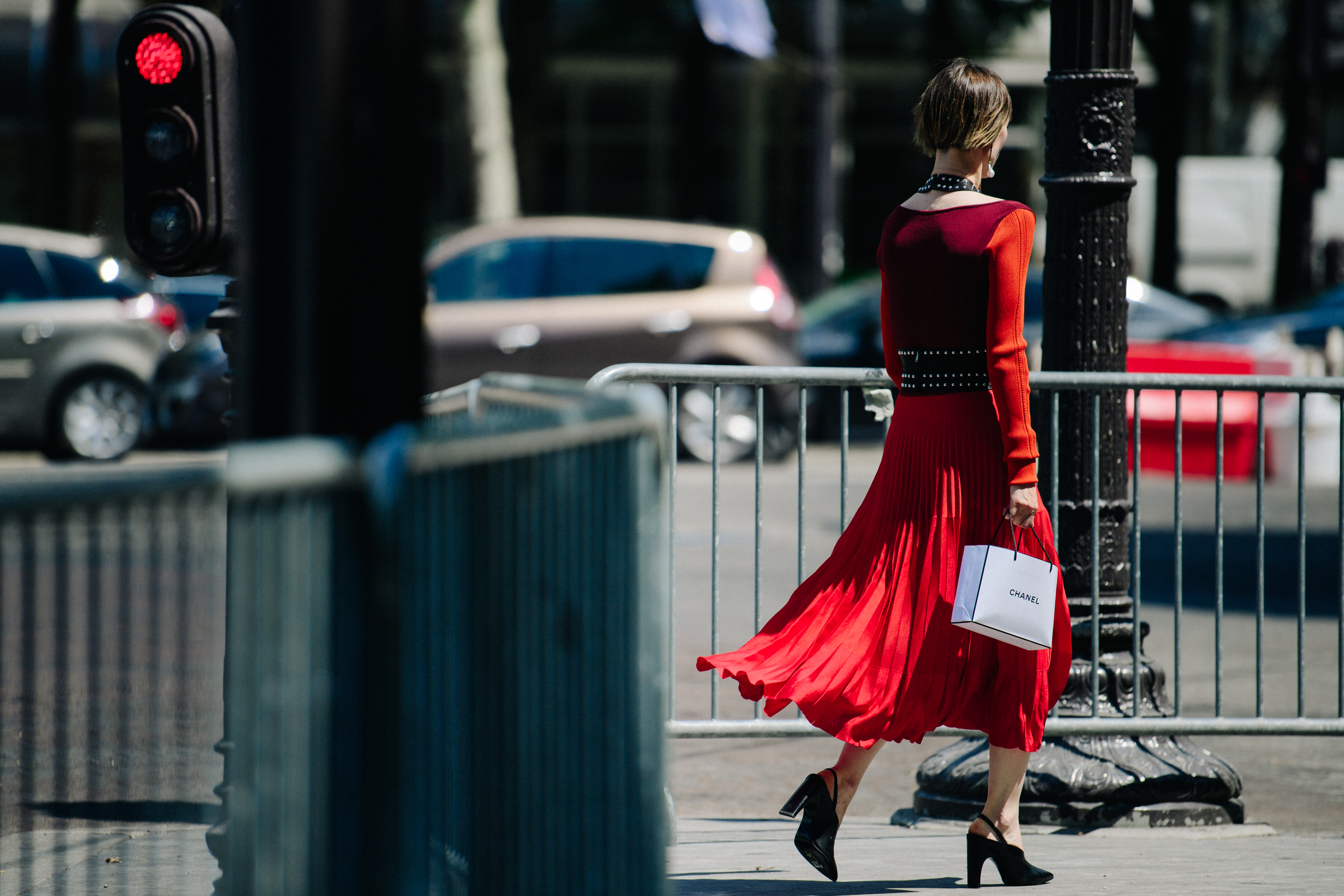 Woman wearing long red dress